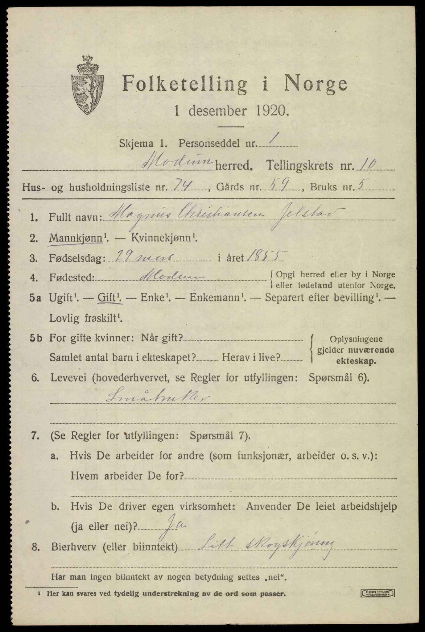 SAKO, 1920 census for Modum, 1920, p. 13737