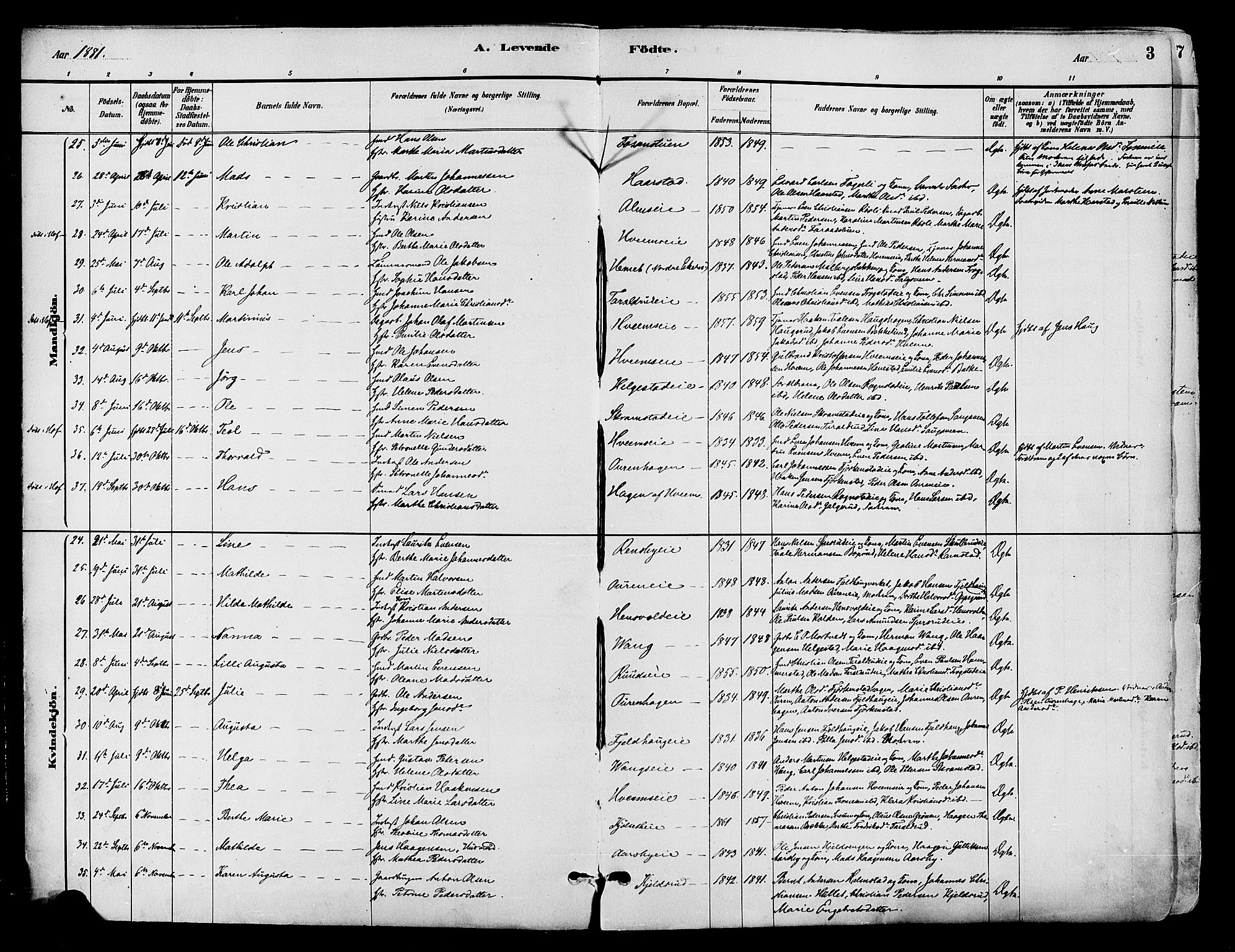 Østre Toten prestekontor, AV/SAH-PREST-104/H/Ha/Haa/L0007: Parish register (official) no. 7, 1881-1896, p. 3