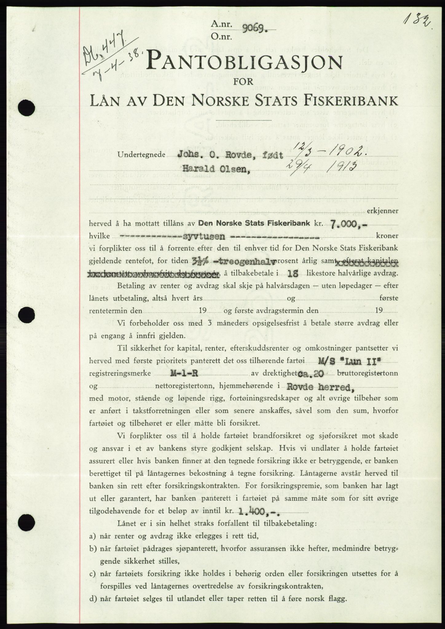 Søre Sunnmøre sorenskriveri, AV/SAT-A-4122/1/2/2C/L0065: Mortgage book no. 59, 1938-1938, Diary no: : 447/1938