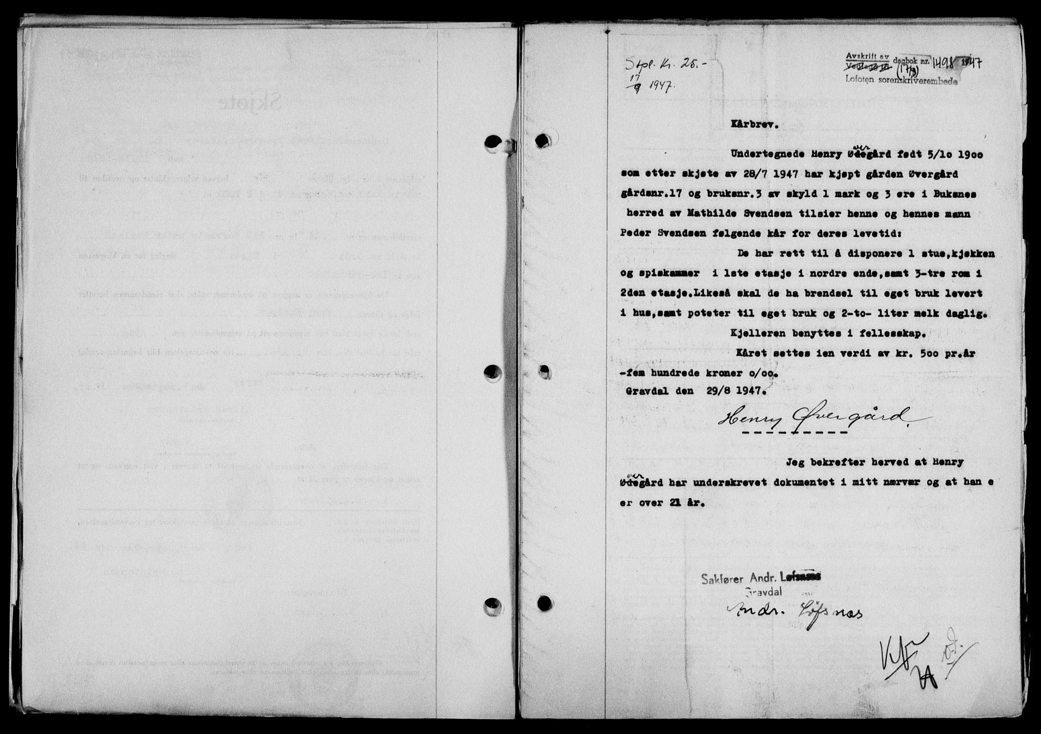 Lofoten sorenskriveri, SAT/A-0017/1/2/2C/L0016a: Mortgage book no. 16a, 1947-1947, Diary no: : 1498/1947