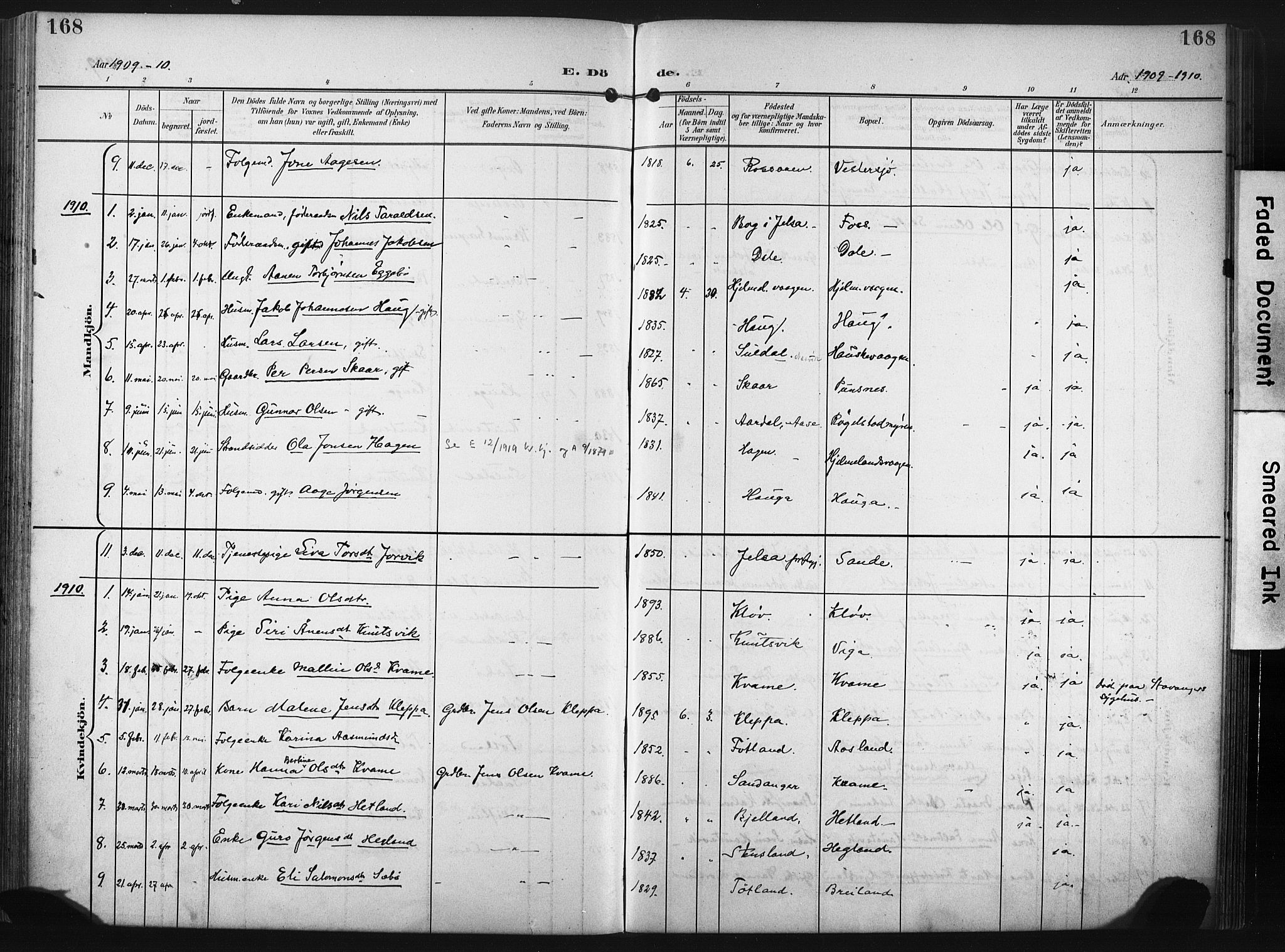 Hjelmeland sokneprestkontor, SAST/A-101843/02/A/L0002: Parish register (official) no. A 17, 1901-1916, p. 168