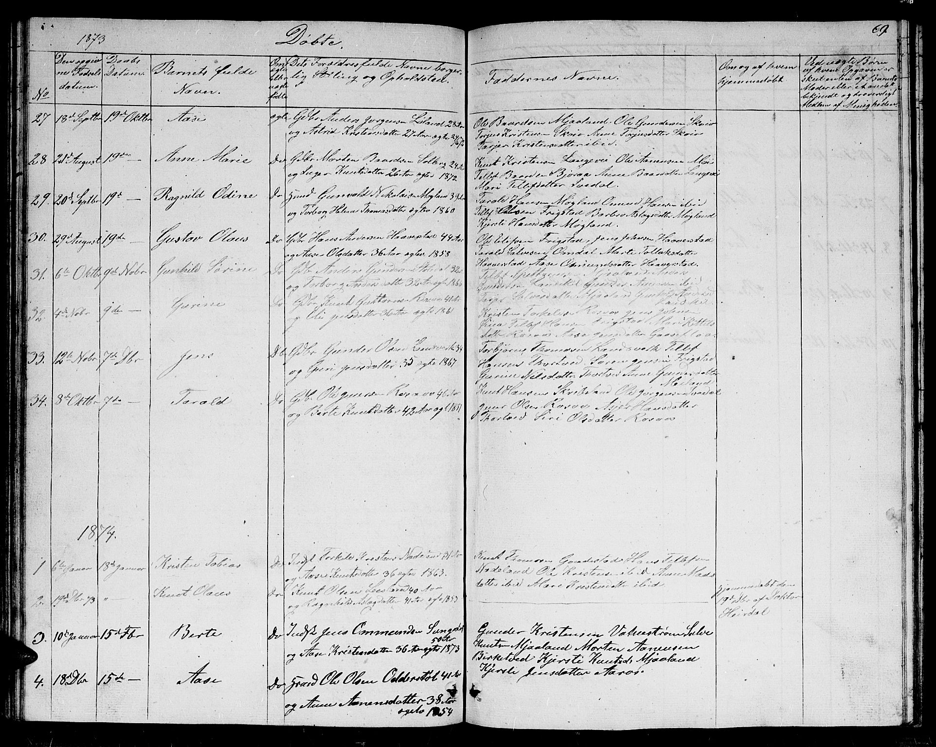 Evje sokneprestkontor, SAK/1111-0008/F/Fb/Fbc/L0002: Parish register (copy) no. B 2, 1849-1876, p. 69