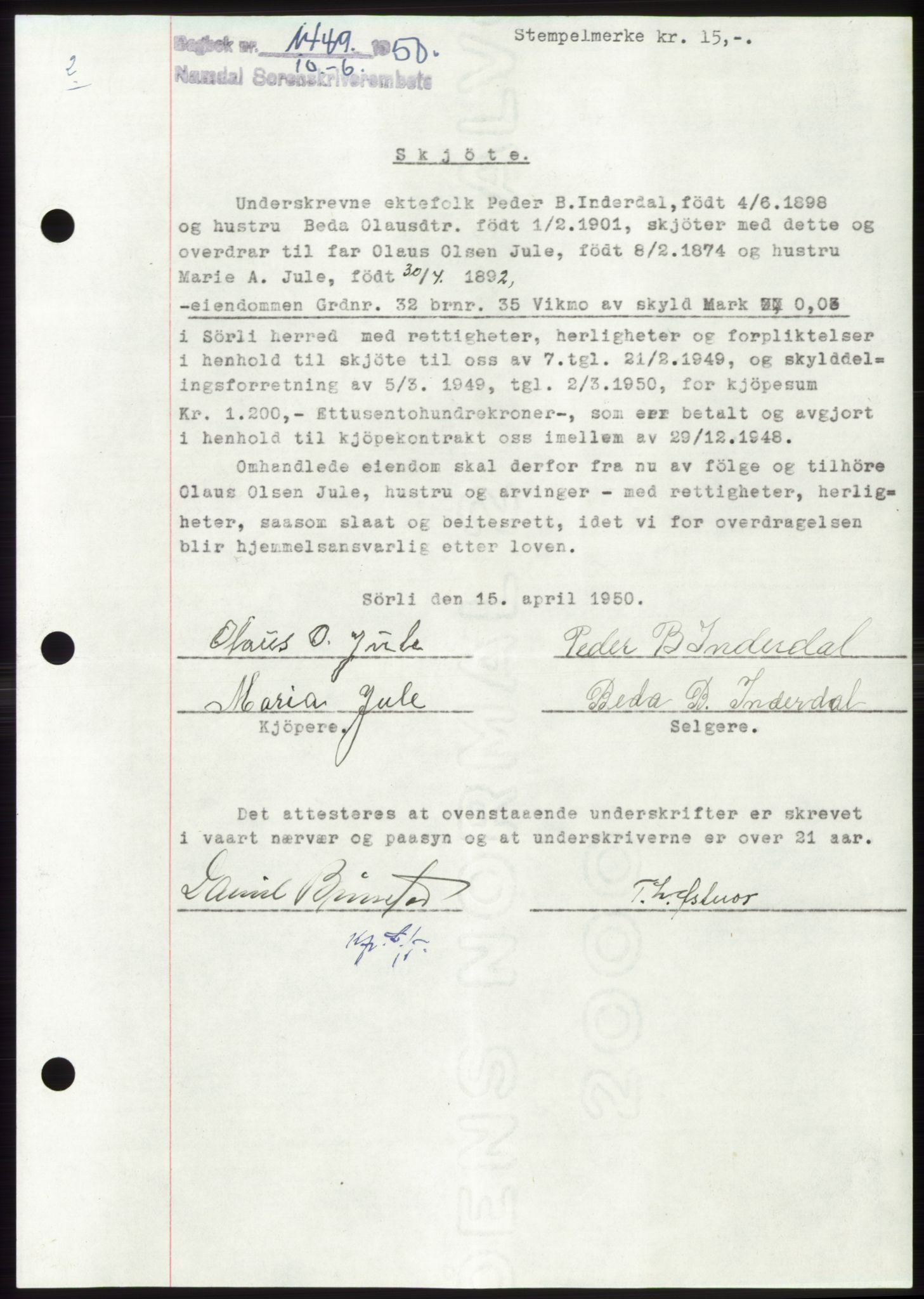 Namdal sorenskriveri, AV/SAT-A-4133/1/2/2C: Mortgage book no. -, 1950-1950, Diary no: : 1449/1950