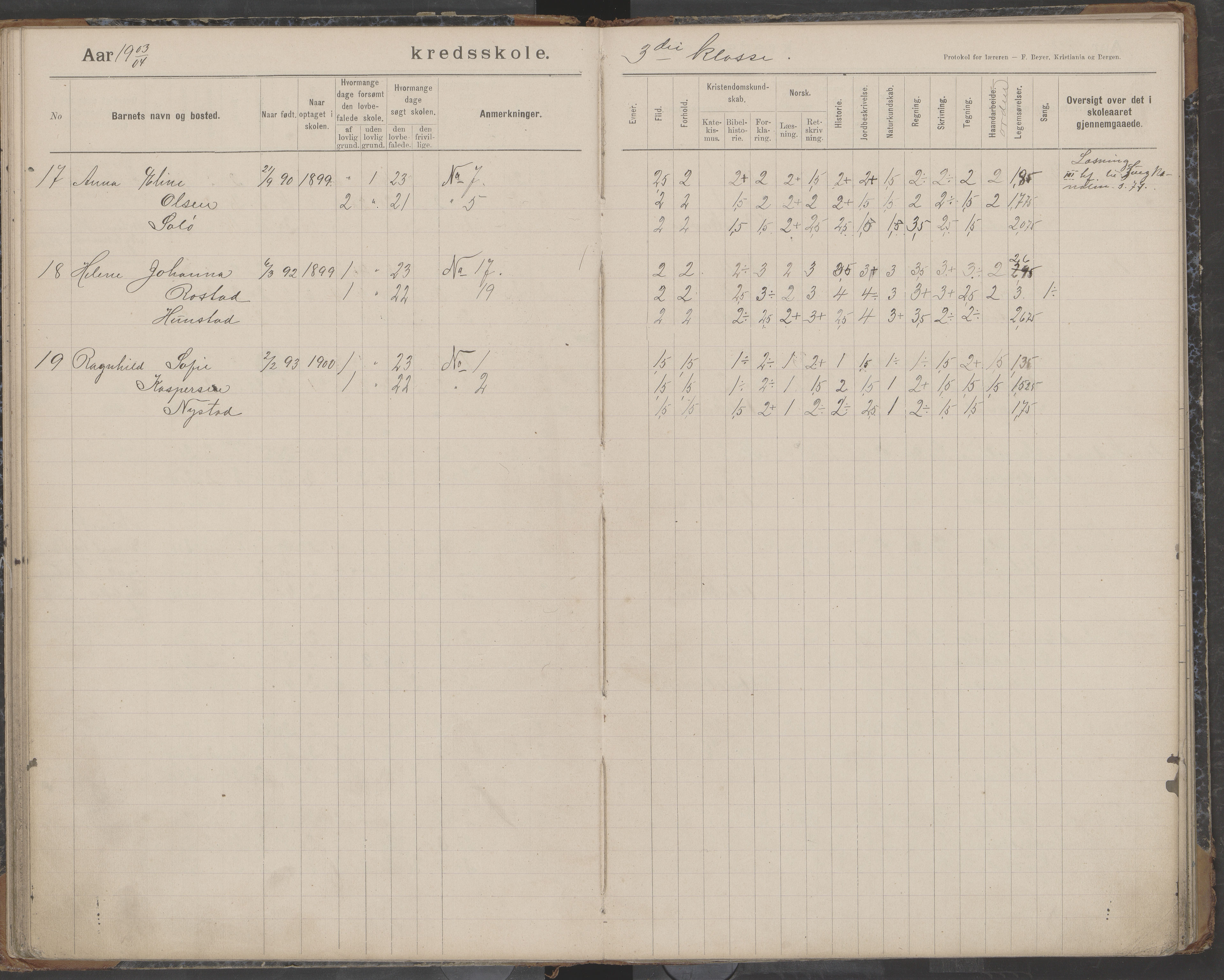 Bodin kommune. Støver skolekrets, AIN/K-18431.510.07/F/Fa/L0003: Skoleprotokoll, 1900-1909