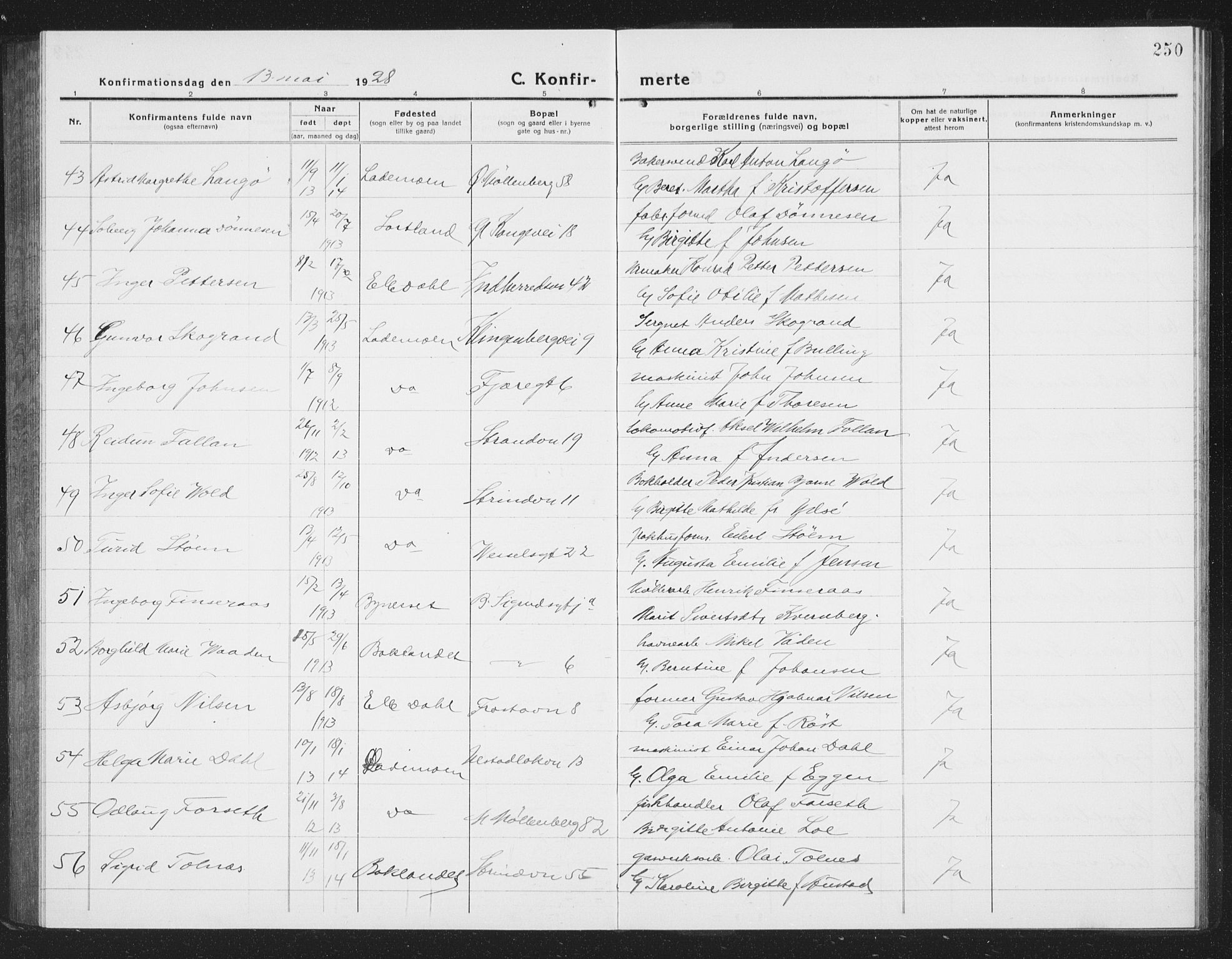 Ministerialprotokoller, klokkerbøker og fødselsregistre - Sør-Trøndelag, SAT/A-1456/605/L0258: Parish register (copy) no. 605C05, 1918-1930, p. 250
