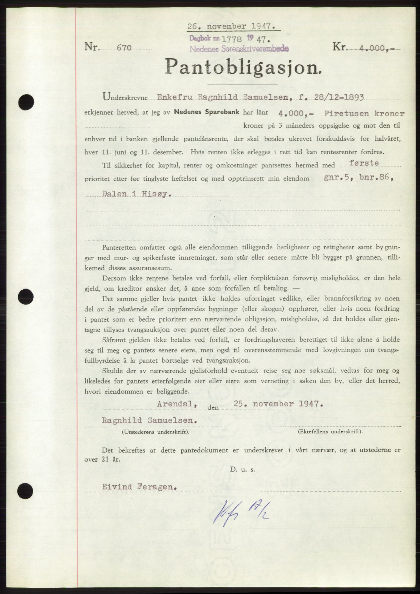Nedenes sorenskriveri, AV/SAK-1221-0006/G/Gb/Gbb/L0004: Mortgage book no. B4, 1947-1947, Diary no: : 1778/1947