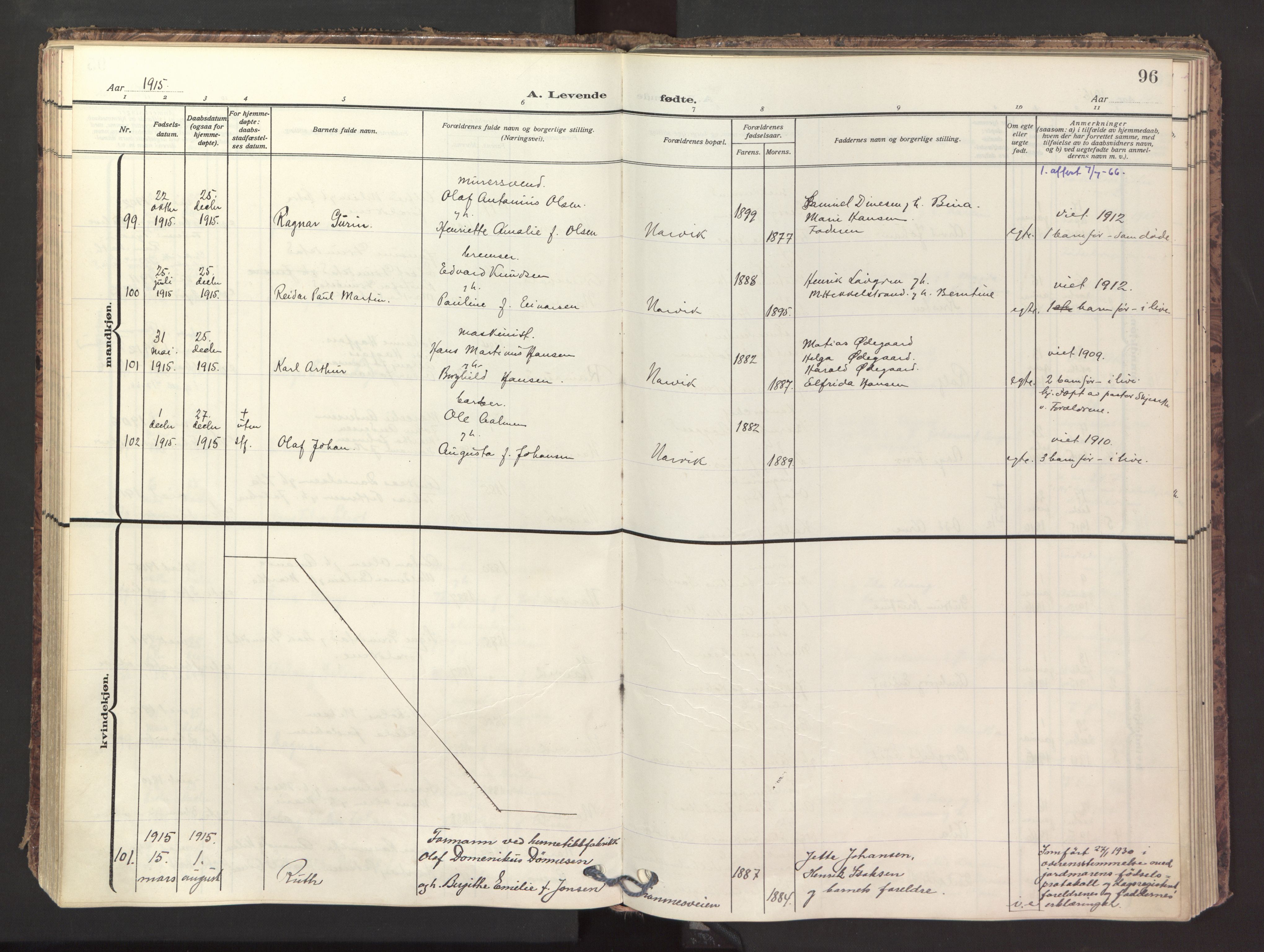 Ministerialprotokoller, klokkerbøker og fødselsregistre - Nordland, SAT/A-1459/871/L1001: Parish register (official) no. 871A17, 1911-1921, p. 96