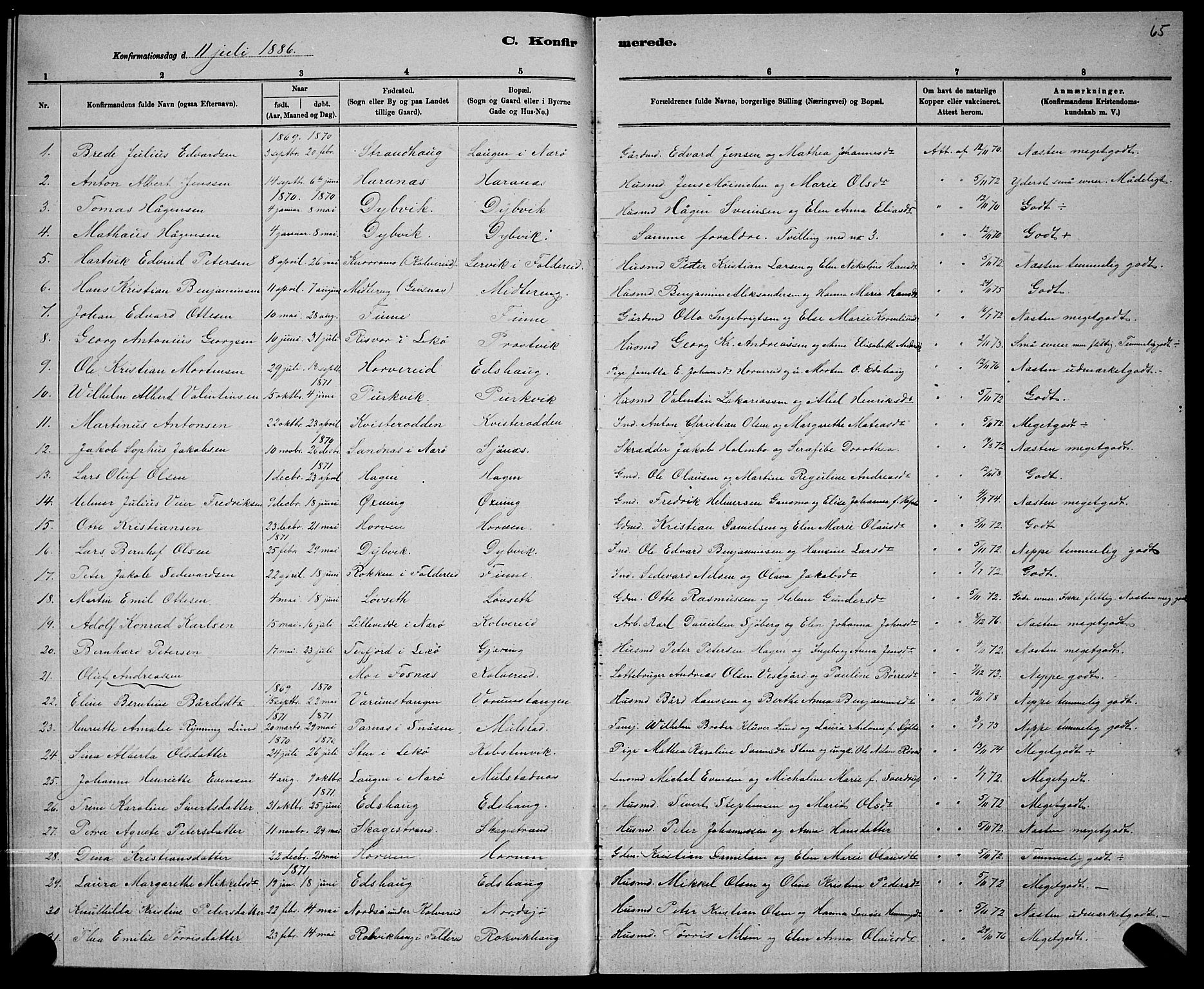 Ministerialprotokoller, klokkerbøker og fødselsregistre - Nord-Trøndelag, SAT/A-1458/780/L0651: Parish register (copy) no. 780C03, 1884-1898, p. 65