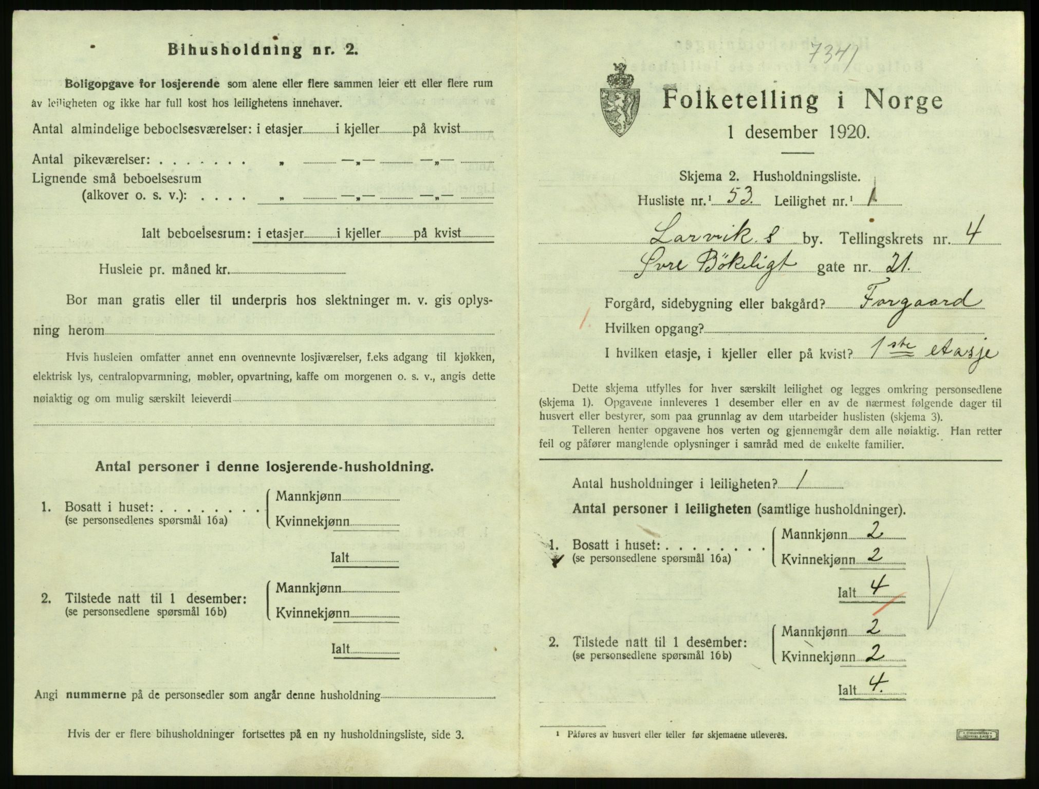 SAKO, 1920 census for Larvik, 1920, p. 4406