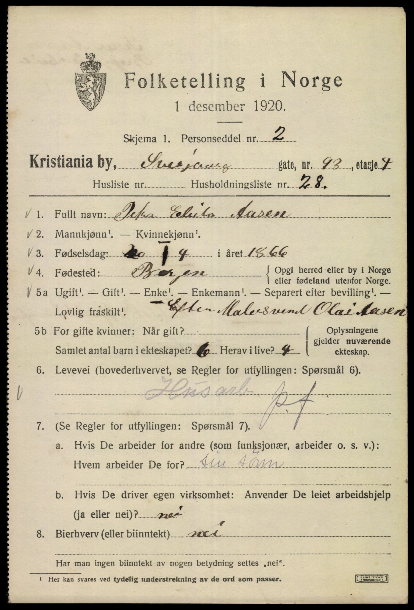 SAO, 1920 census for Kristiania, 1920, p. 499301