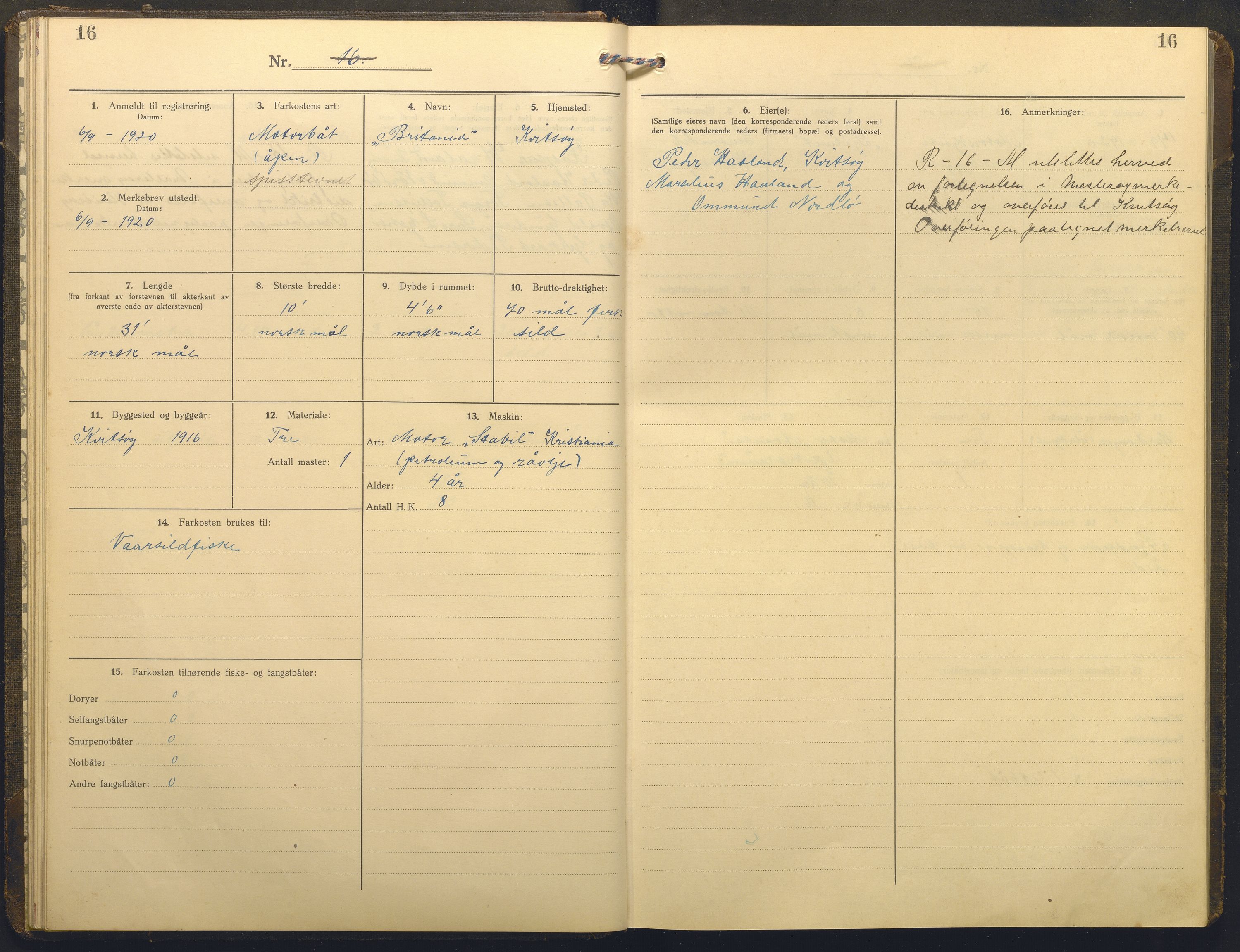 Fiskeridirektoratet - 1 Adm. ledelse - 13 Båtkontoret, AV/SAB-A-2003/I/Ia/Iai/L0069: 135.0925/1 Merkeprotokoll - Mosterøy, 1920-1955