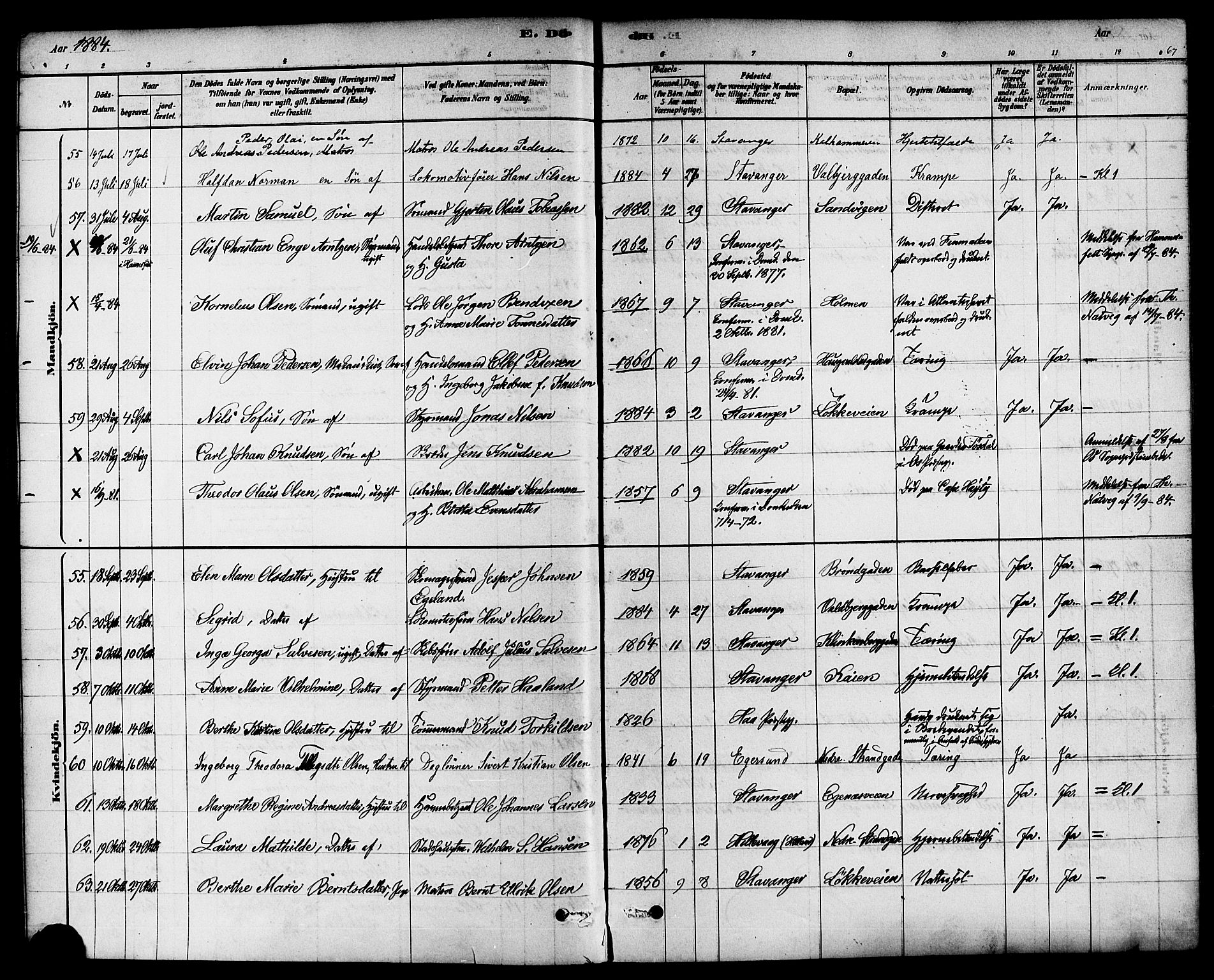 Domkirken sokneprestkontor, AV/SAST-A-101812/001/30/30BA/L0027: Parish register (official) no. A 26, 1878-1896, p. 67