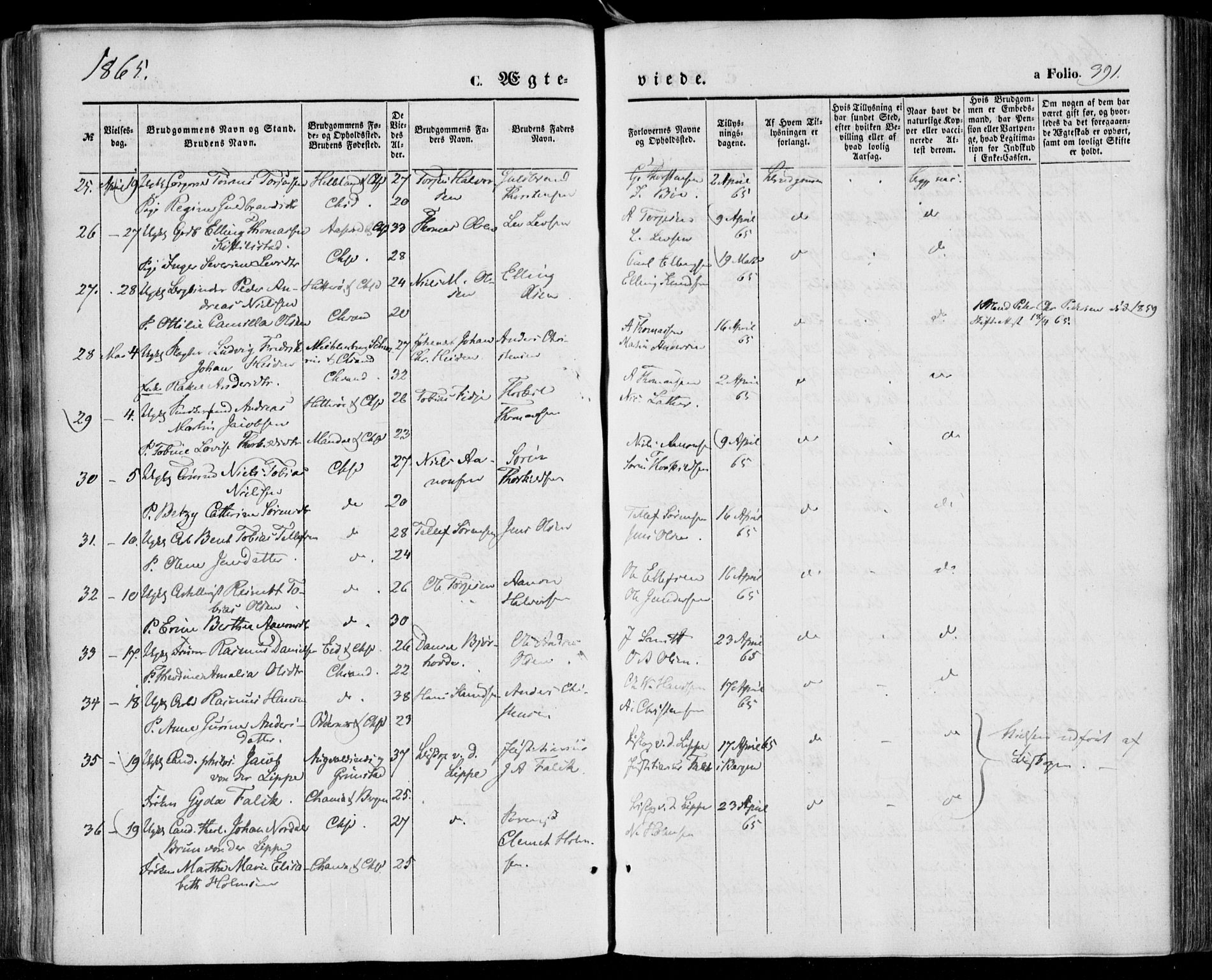 Kristiansand domprosti, AV/SAK-1112-0006/F/Fa/L0014: Parish register (official) no. A 14, 1852-1867, p. 391