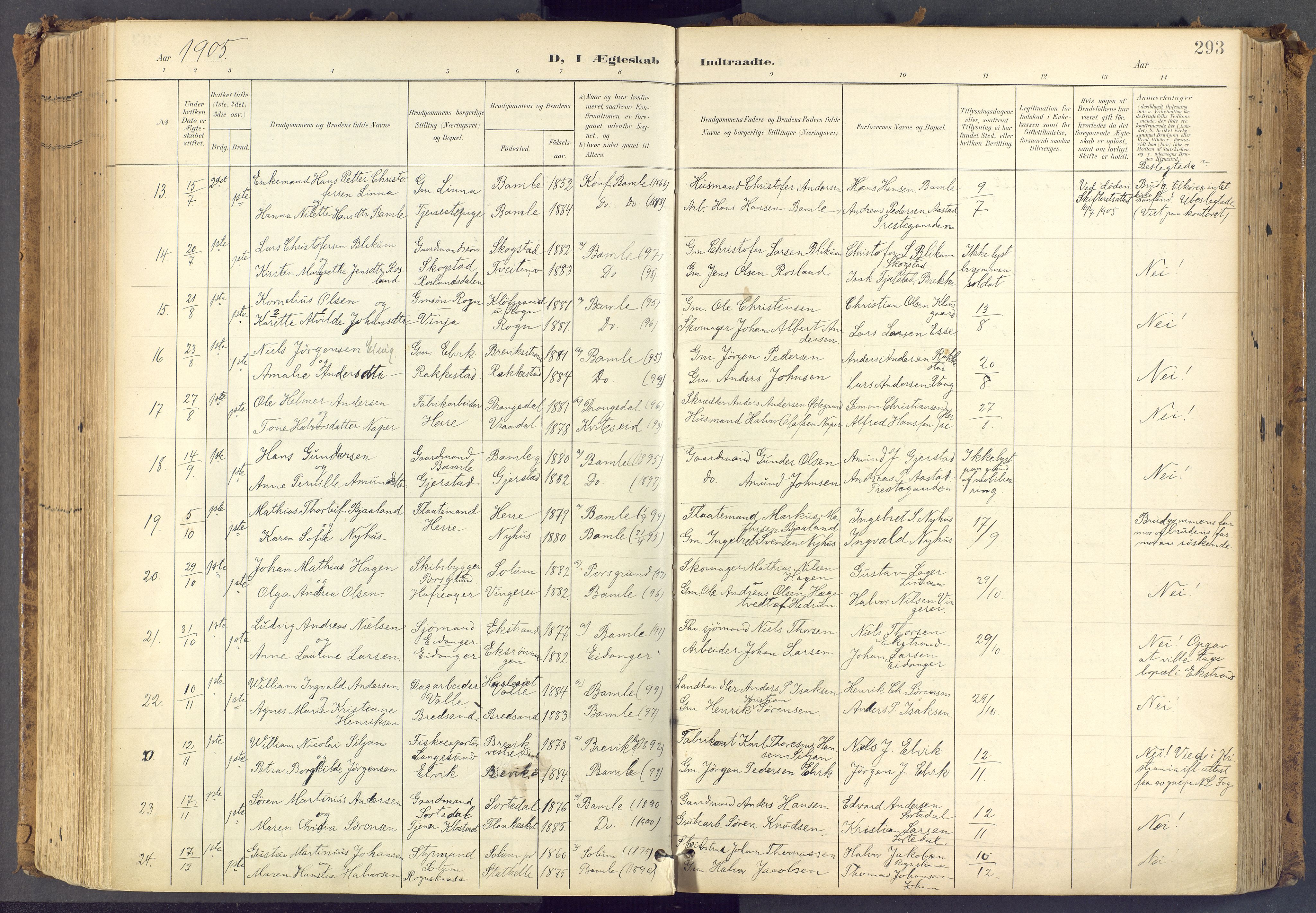Bamble kirkebøker, SAKO/A-253/F/Fa/L0009: Parish register (official) no. I 9, 1901-1917, p. 293