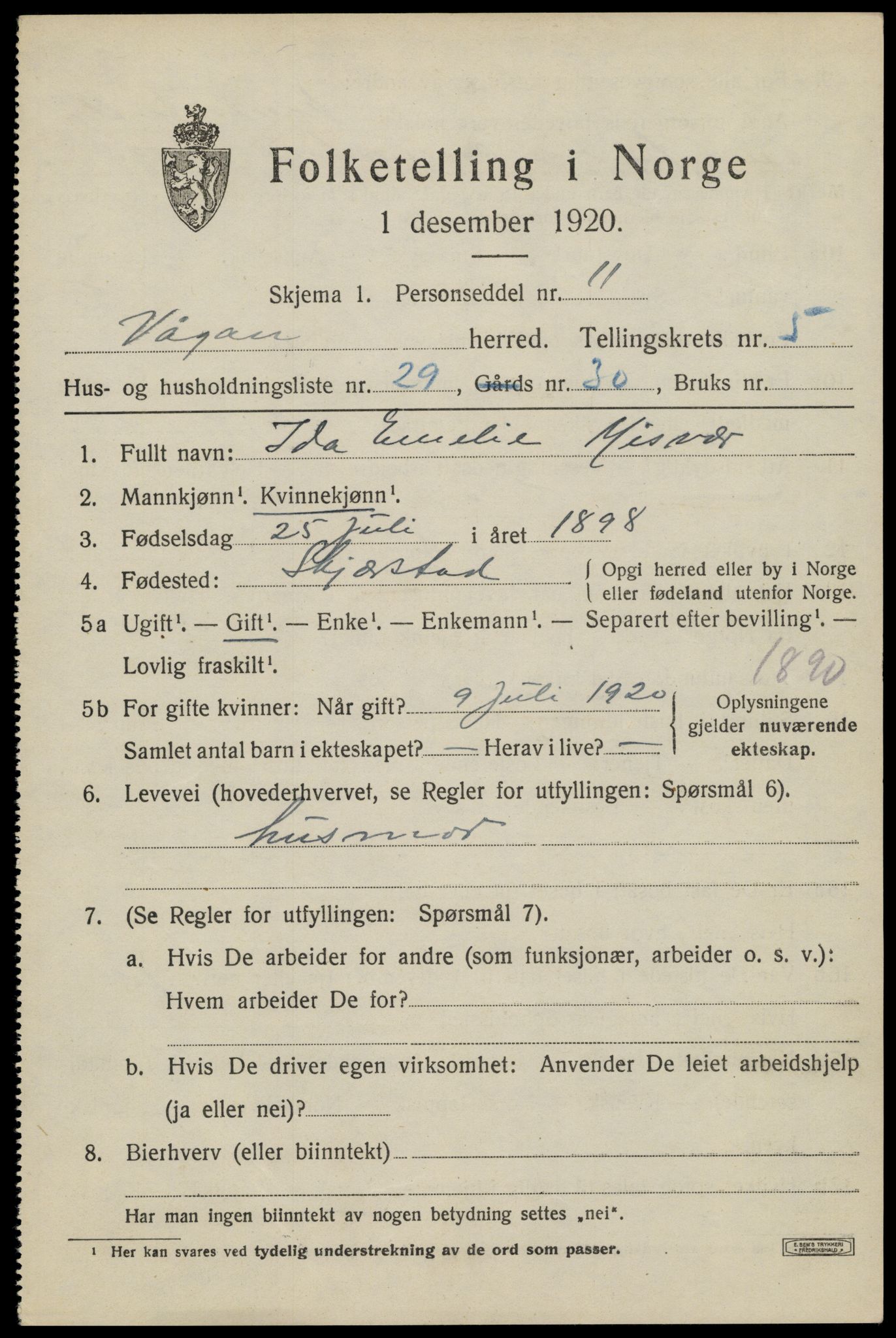 SAT, 1920 census for Vågan, 1920, p. 5507