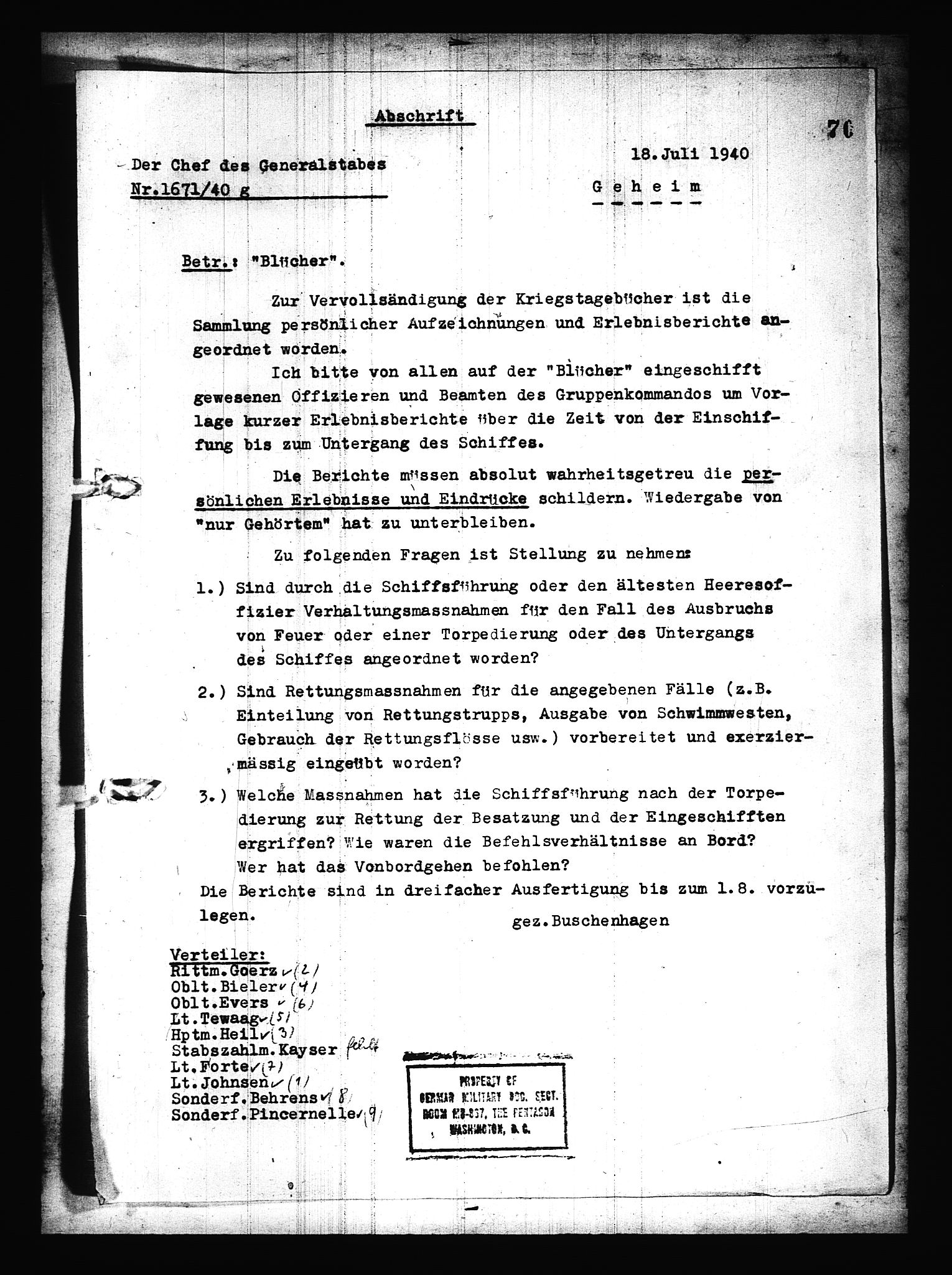 Documents Section, RA/RAFA-2200/V/L0075: Amerikansk mikrofilm "Captured German Documents".
Box No. 714.  FKA jnr. 615/1954., 1940, p. 398