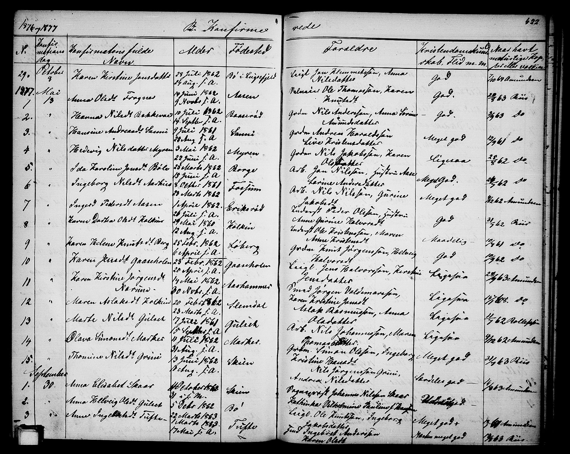 Gjerpen kirkebøker, SAKO/A-265/G/Ga/L0001: Parish register (copy) no. I 1, 1864-1882, p. 422