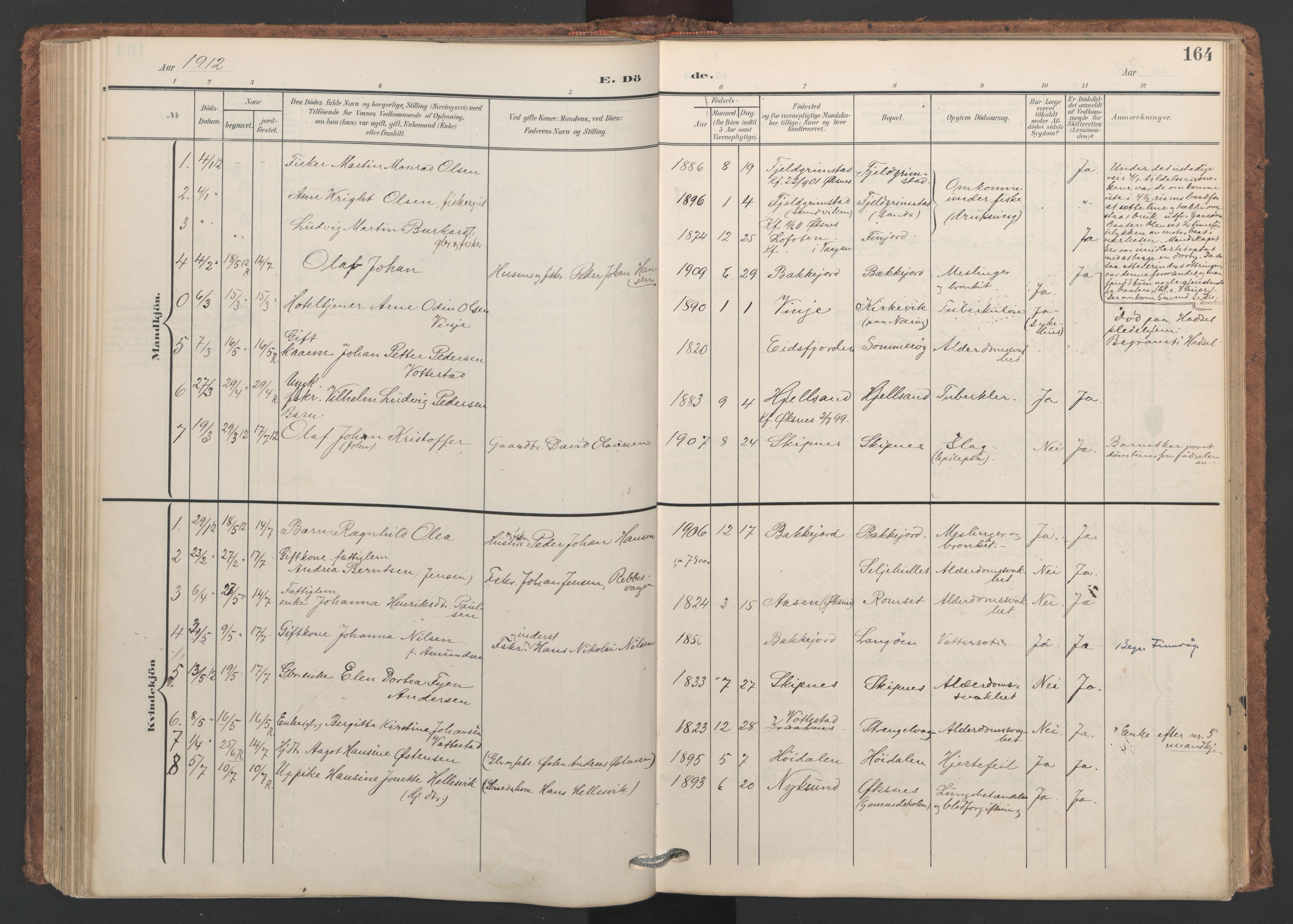 Ministerialprotokoller, klokkerbøker og fødselsregistre - Nordland, SAT/A-1459/893/L1339: Parish register (official) no. 893A11, 1904-1914, p. 164
