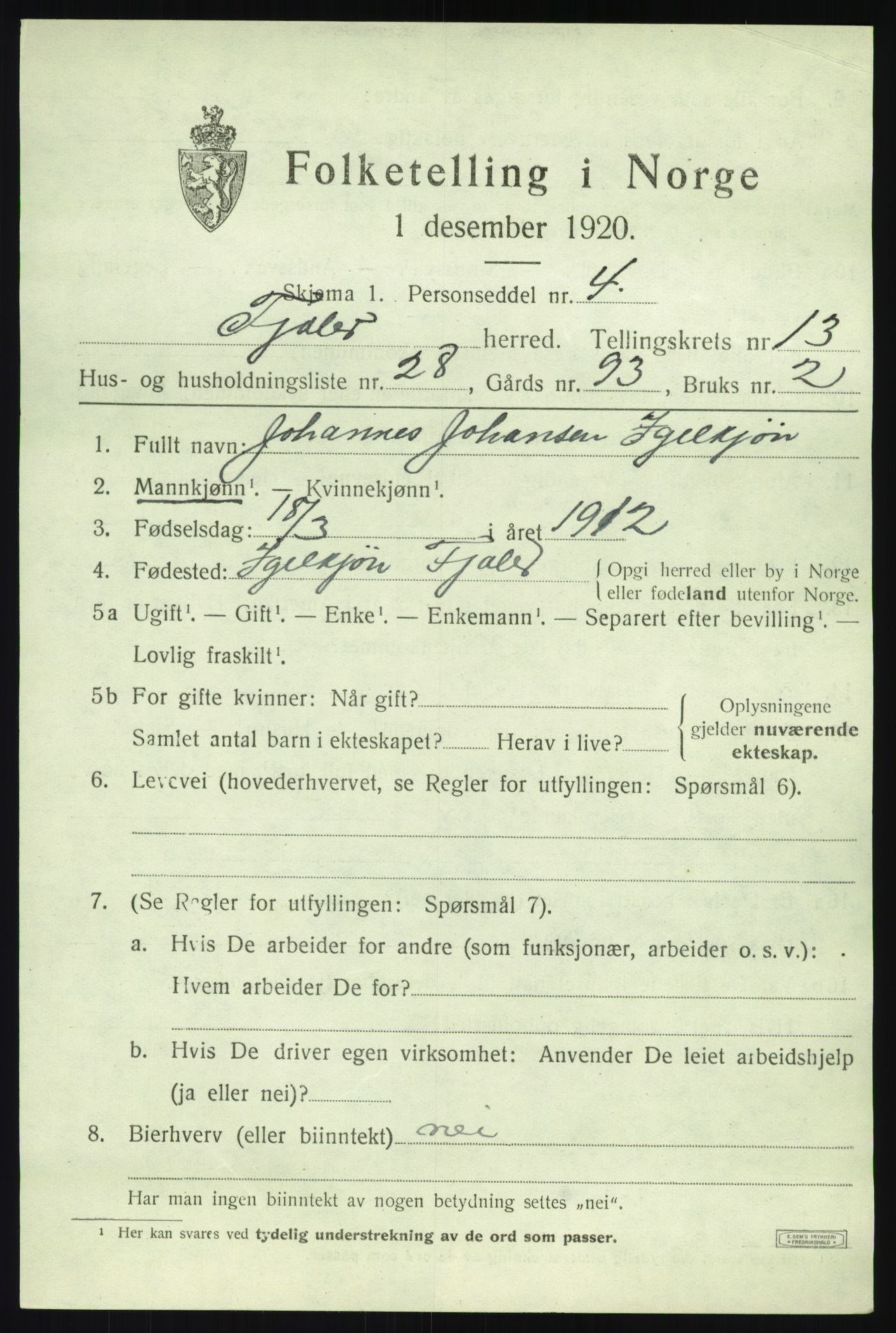 SAB, 1920 census for Fjaler, 1920, p. 7531