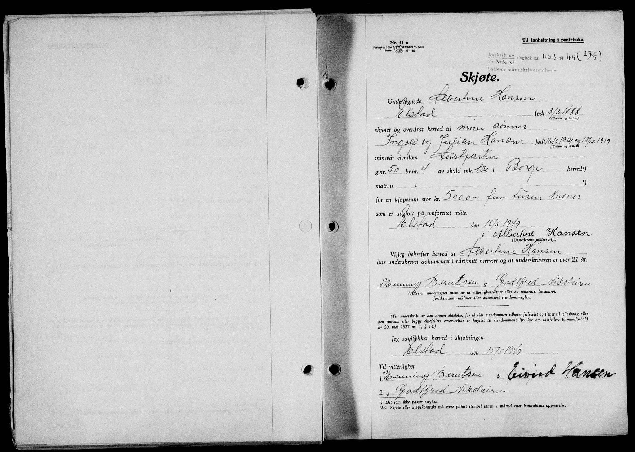 Lofoten sorenskriveri, SAT/A-0017/1/2/2C/L0020a: Mortgage book no. 20a, 1948-1949, Diary no: : 1163/1949