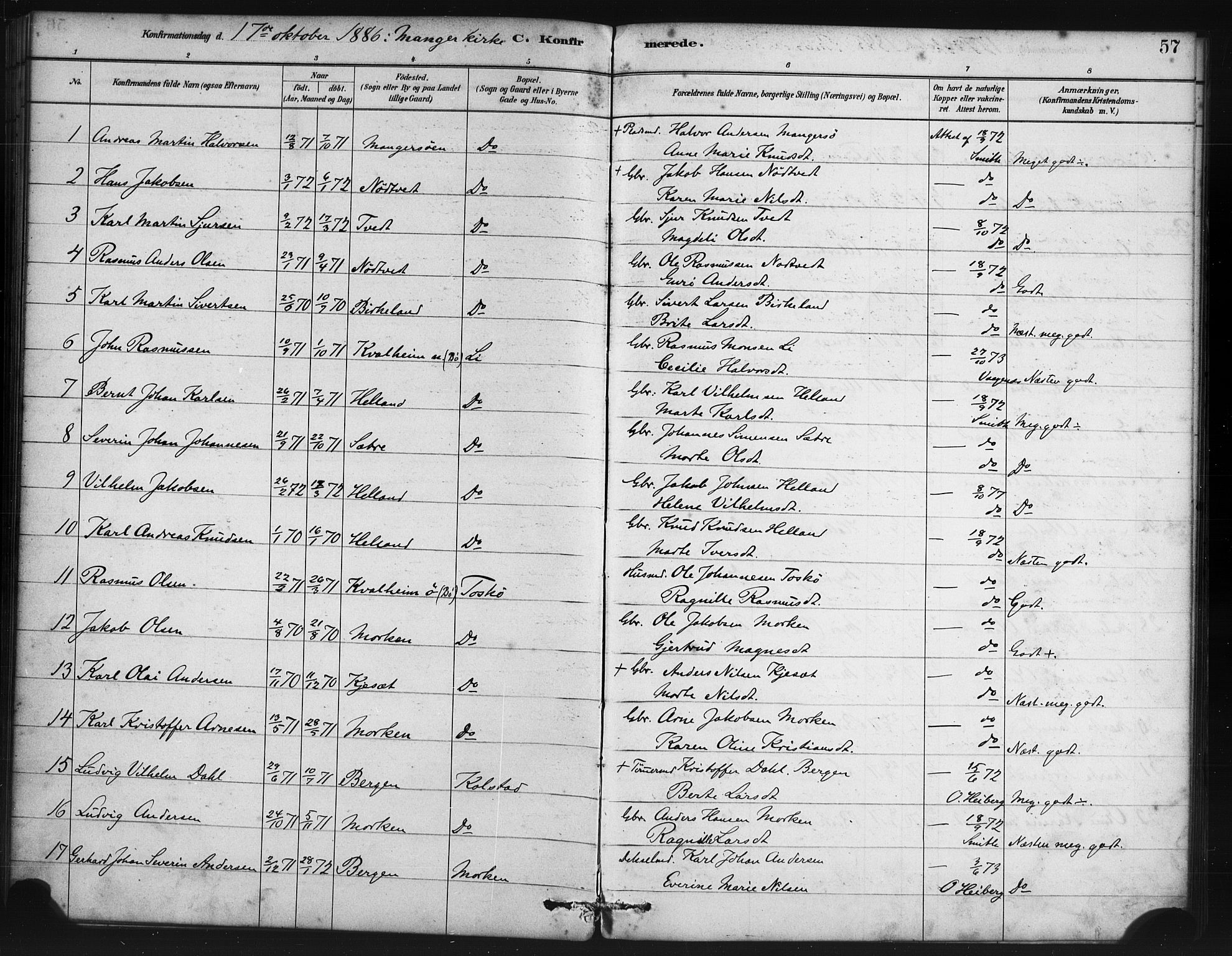 Manger sokneprestembete, SAB/A-76801/H/Haa: Parish register (official) no. B 1, 1881-1892, p. 57