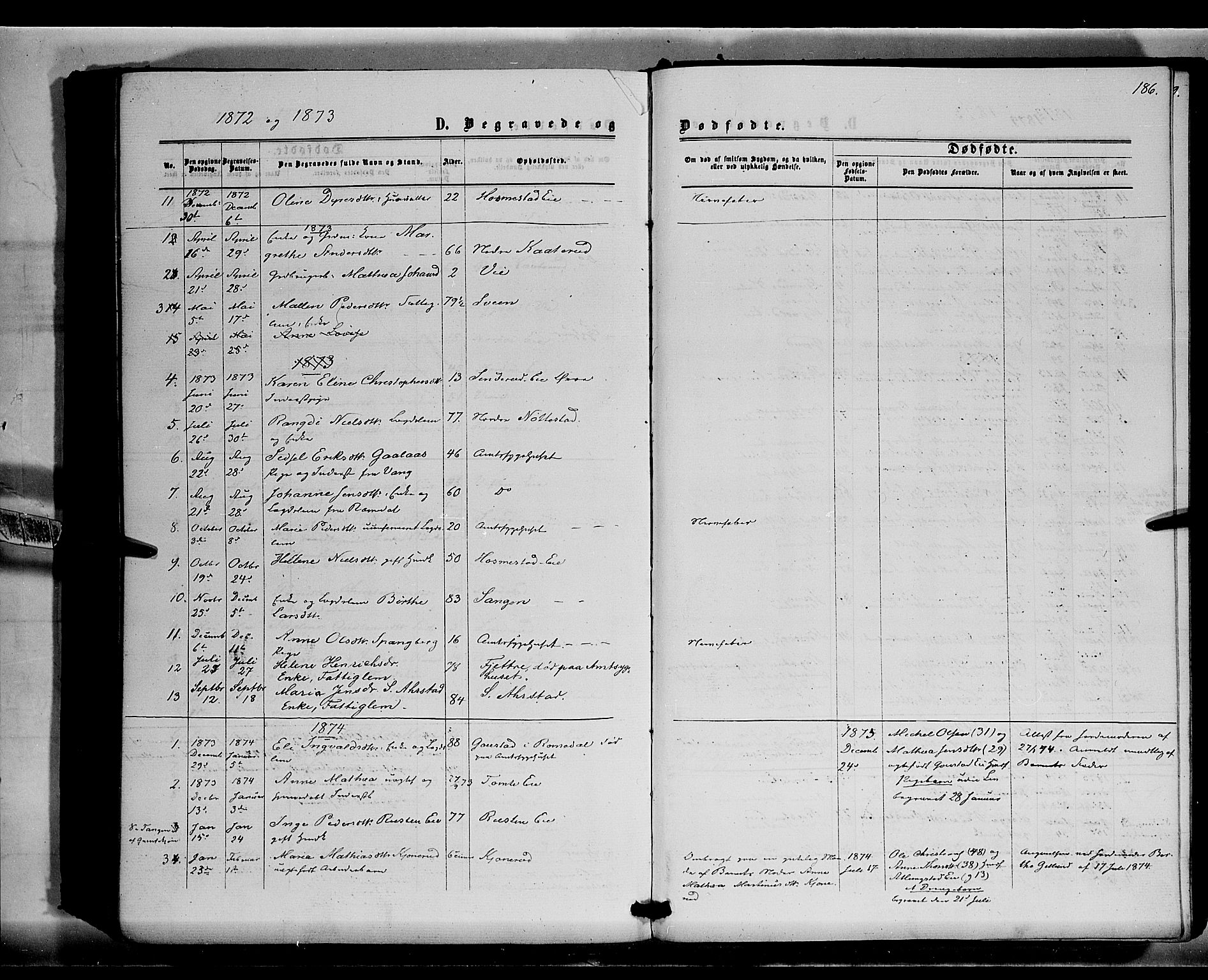 Stange prestekontor, SAH/PREST-002/K/L0015: Parish register (official) no. 15, 1862-1879, p. 186