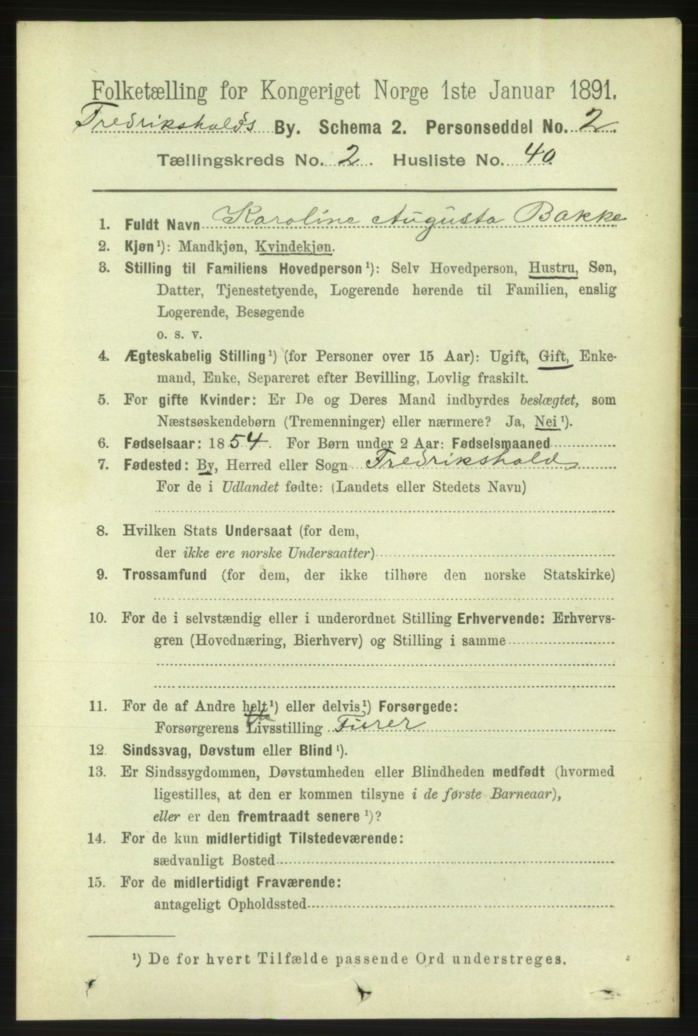 RA, 1891 census for 0101 Fredrikshald, 1891, p. 3185