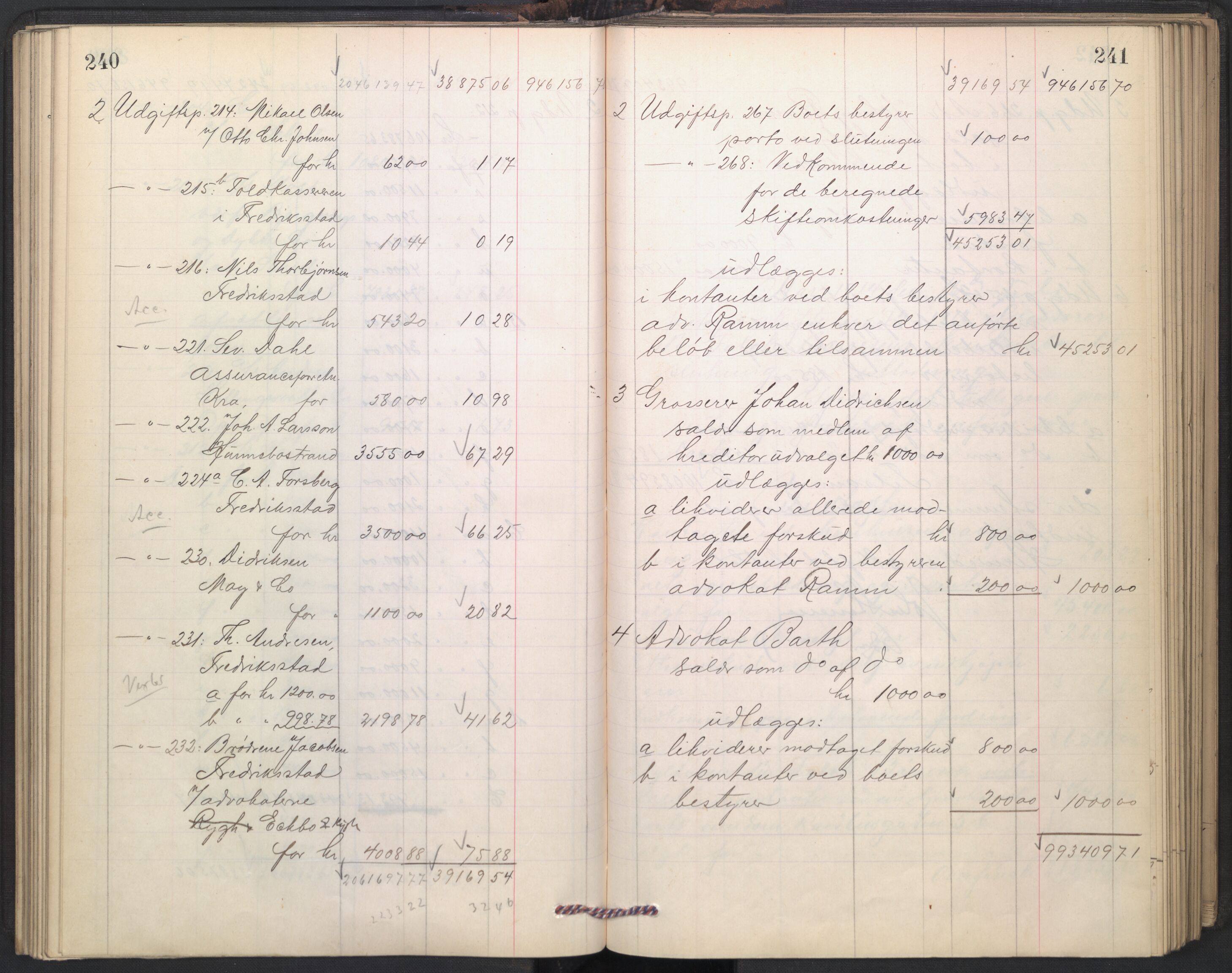 Oslo skifterett, AV/SAO-A-10383/H/Hd/Hdd/L0004: Skifteutlodningsprotokoll for konkursbo, 1906-1915, p. 240-241