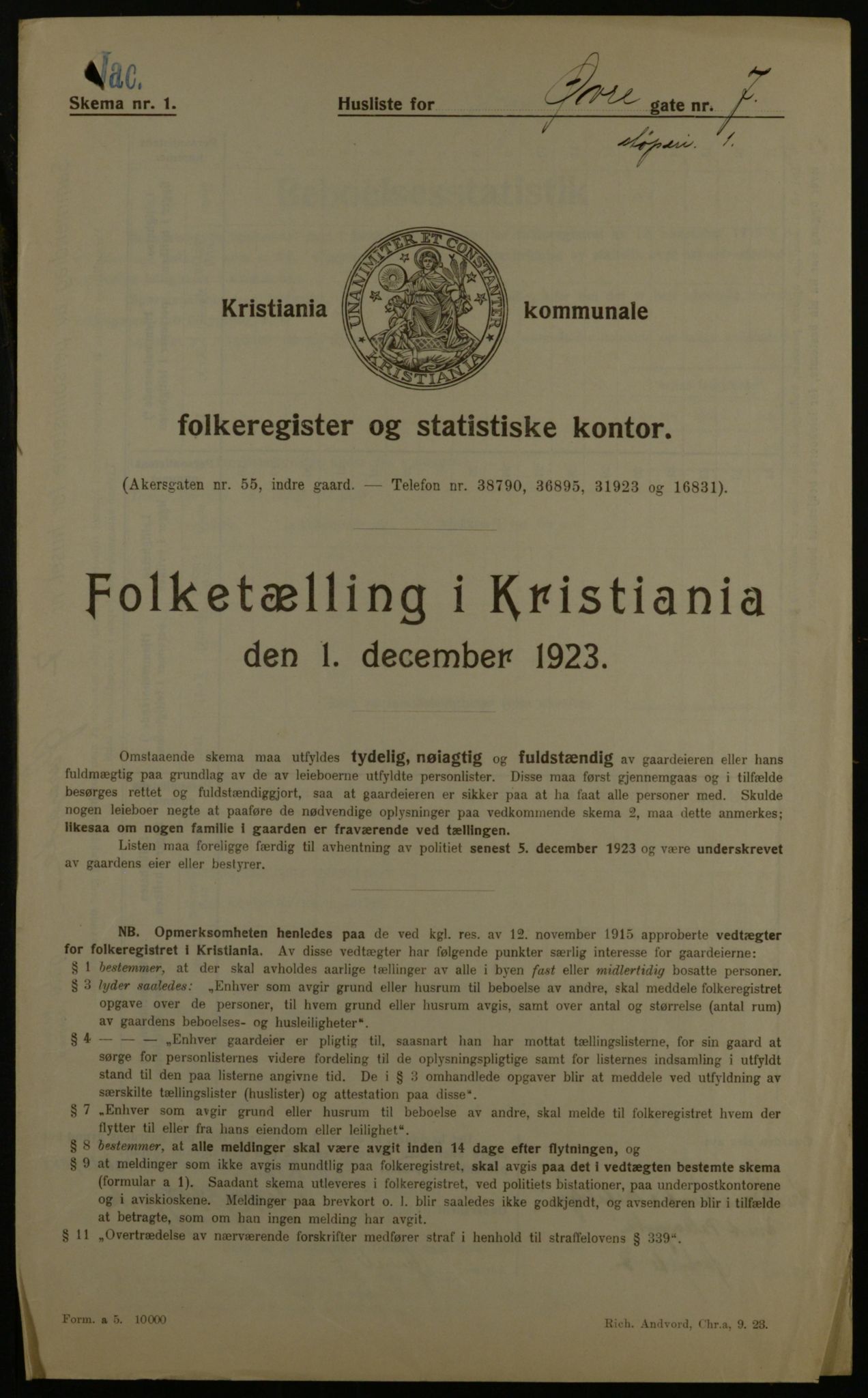 OBA, Municipal Census 1923 for Kristiania, 1923, p. 143123