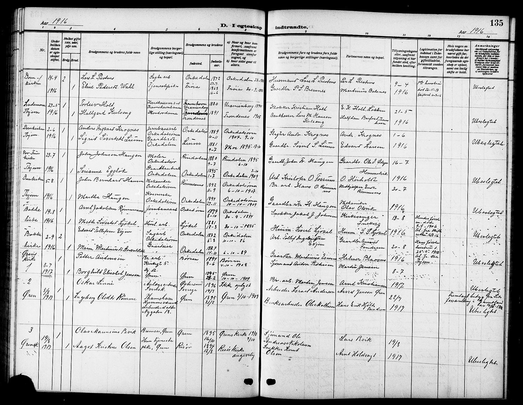 Ministerialprotokoller, klokkerbøker og fødselsregistre - Sør-Trøndelag, SAT/A-1456/669/L0831: Parish register (copy) no. 669C01, 1909-1924, p. 135
