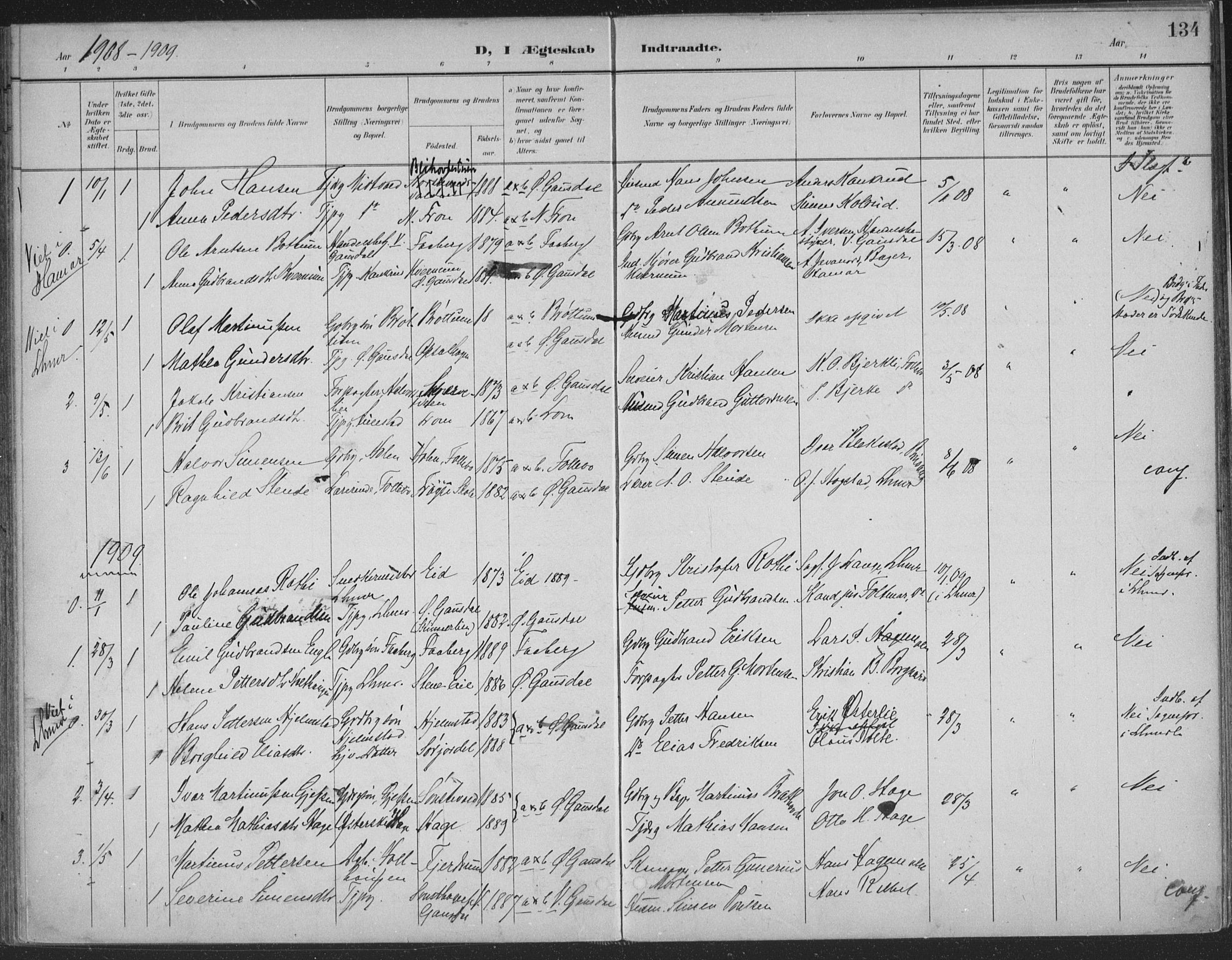 Østre Gausdal prestekontor, SAH/PREST-092/H/Ha/Haa/L0004: Parish register (official) no. 4, 1898-1914, p. 134