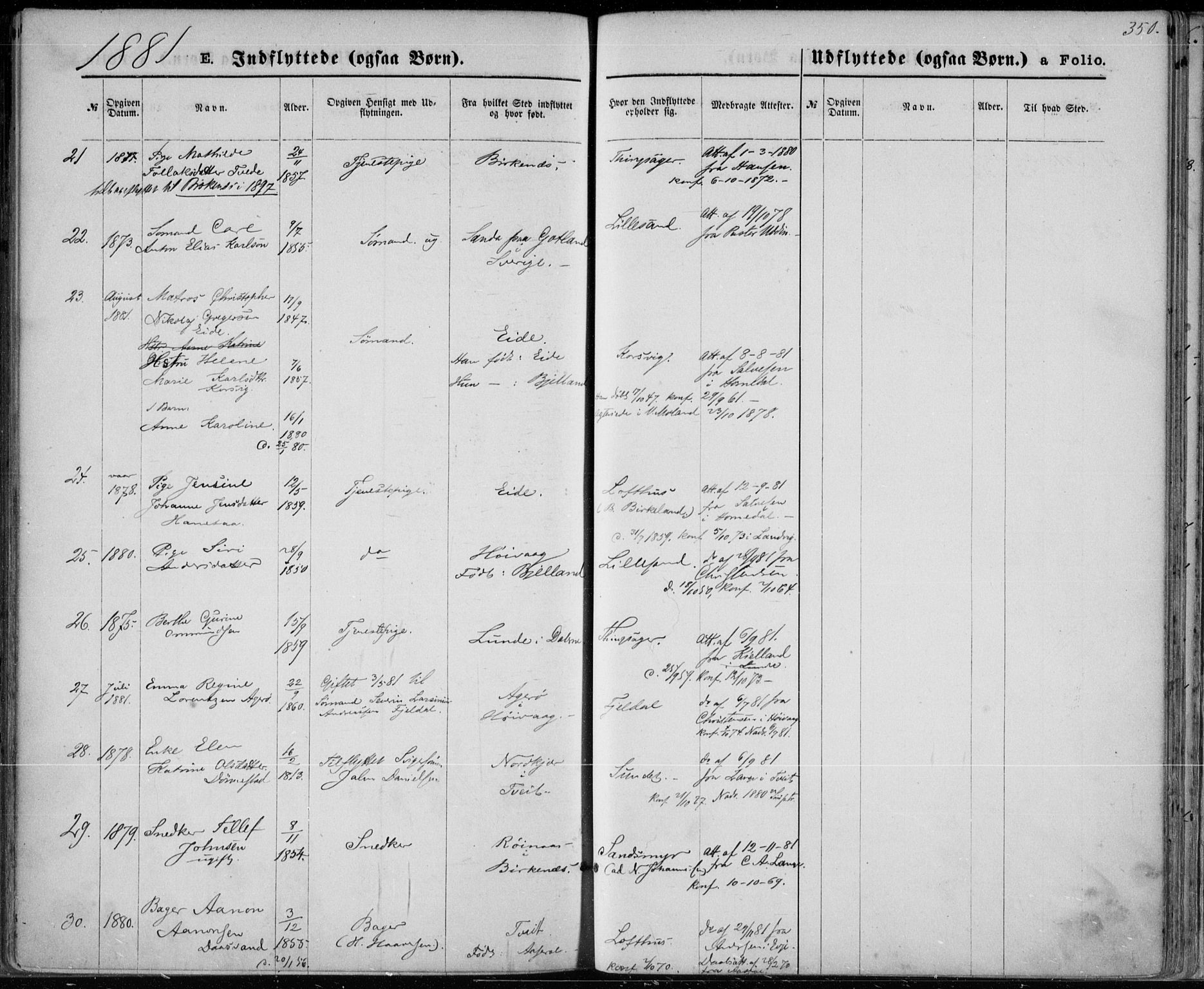 Vestre Moland sokneprestkontor, SAK/1111-0046/F/Fa/Fab/L0008: Parish register (official) no. A 8, 1873-1883, p. 350