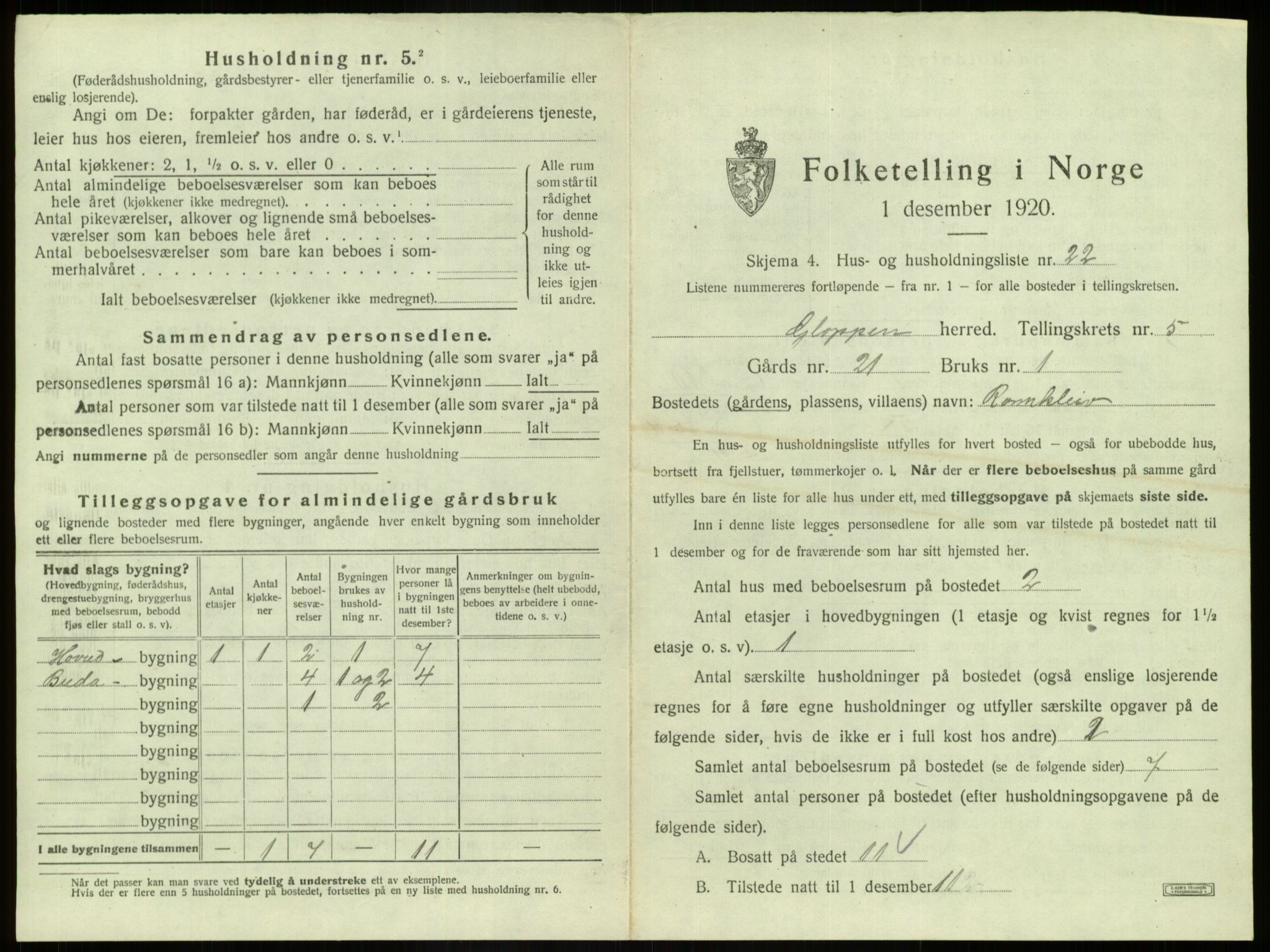 SAB, 1920 census for Gloppen, 1920, p. 435