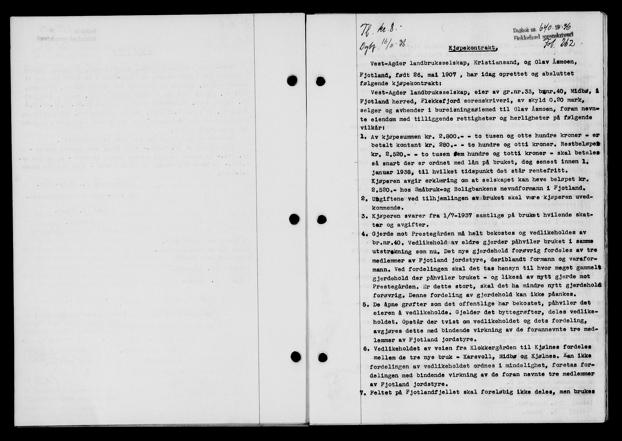 Flekkefjord sorenskriveri, SAK/1221-0001/G/Gb/Gba/L0053: Mortgage book no. A-1, 1936-1937, Diary no: : 640/1936