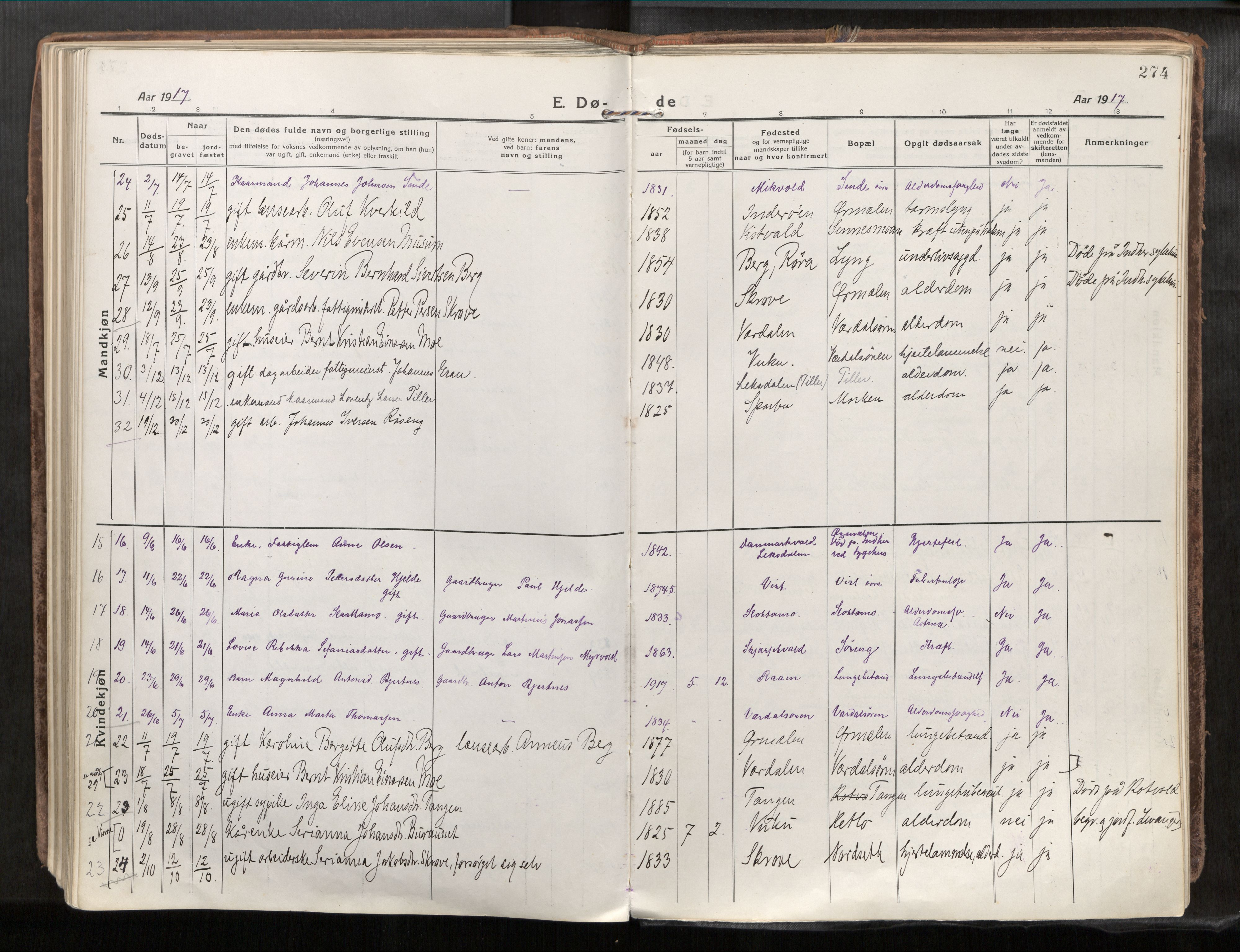 Verdal sokneprestkontor, SAT/A-1156/2/H/Haa/L0001: Parish register (official) no. 1, 1917-1932, p. 274