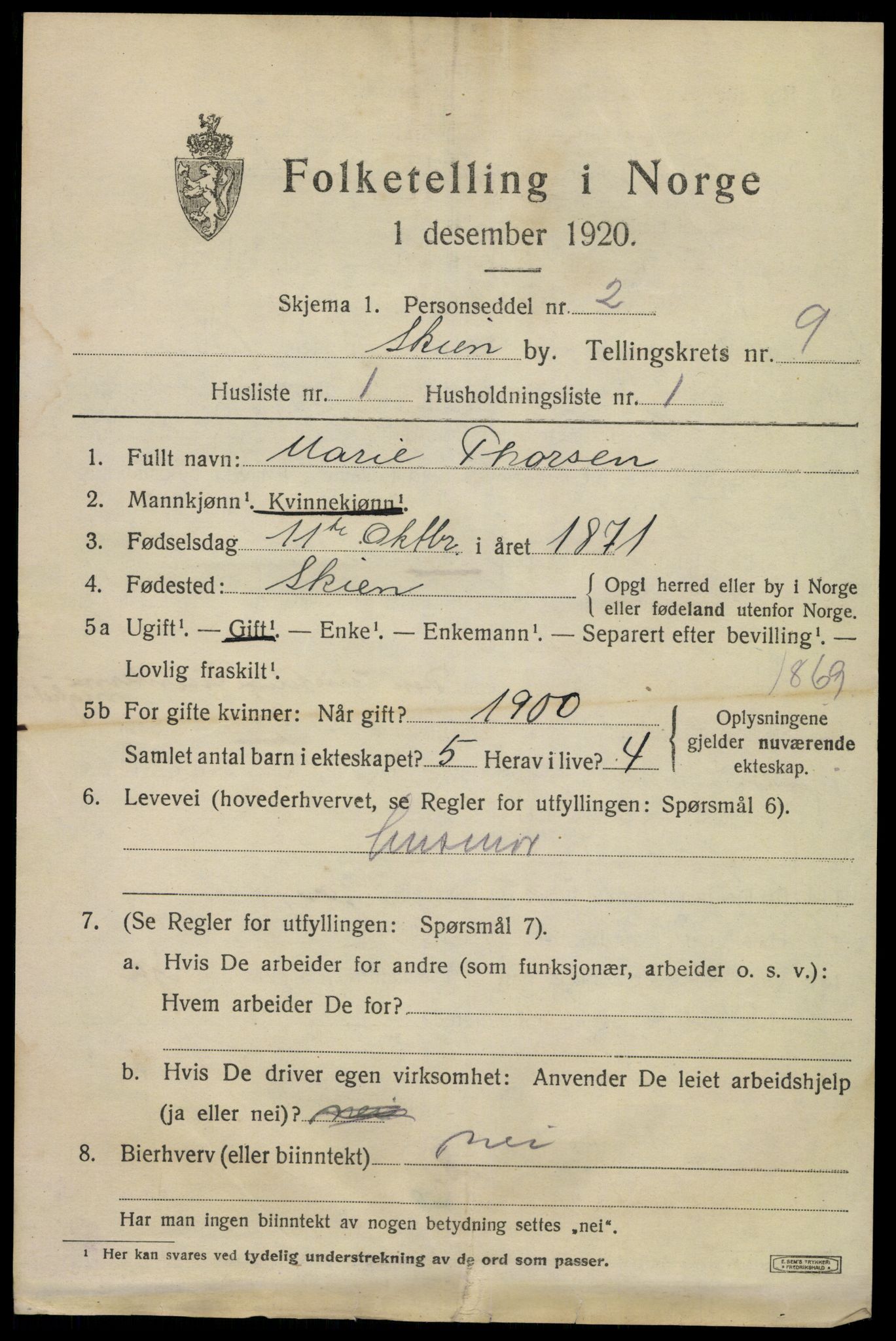 SAKO, 1920 census for Skien, 1920, p. 29610