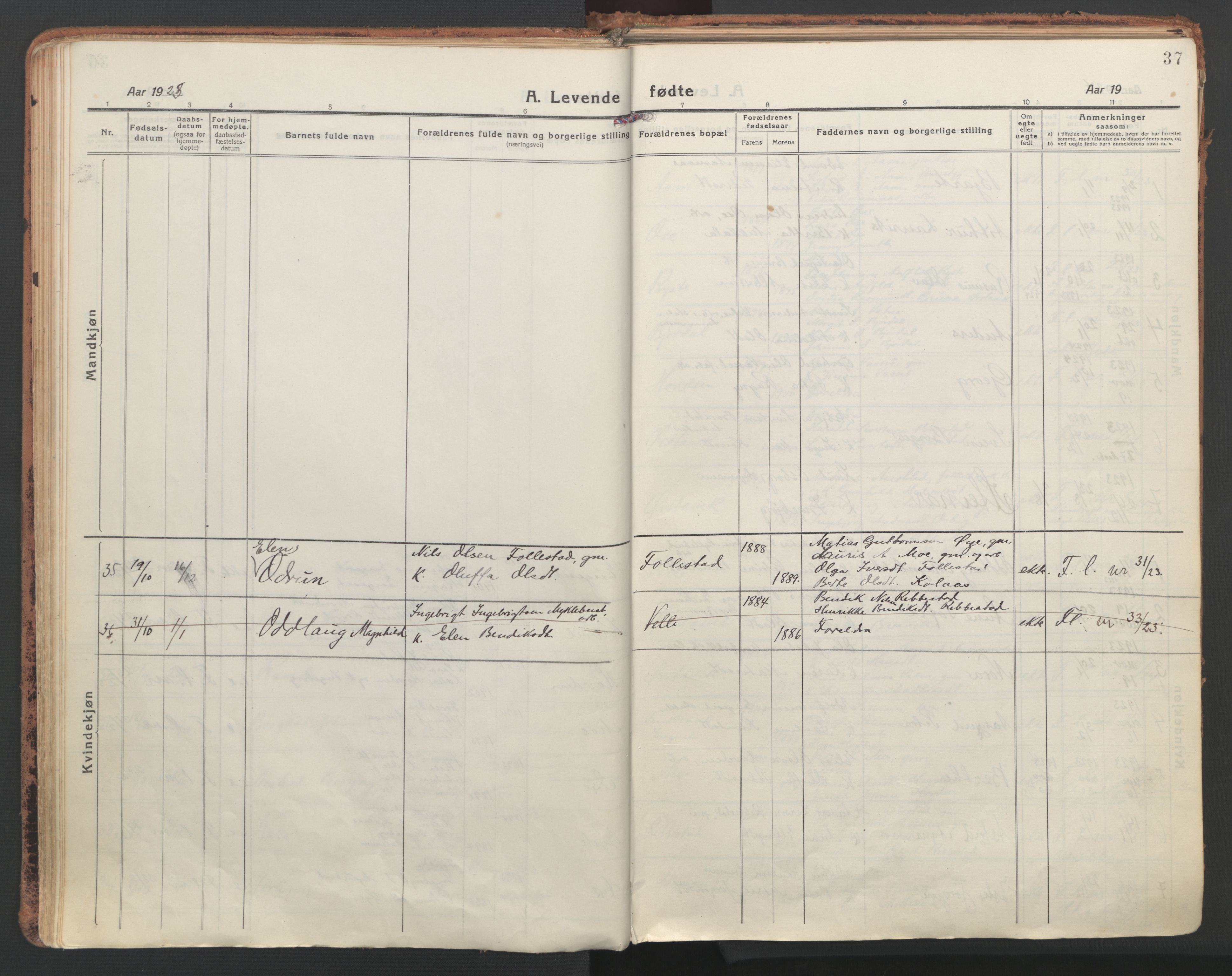 Ministerialprotokoller, klokkerbøker og fødselsregistre - Møre og Romsdal, AV/SAT-A-1454/513/L0180: Parish register (official) no. 513A07, 1919-1929, p. 37