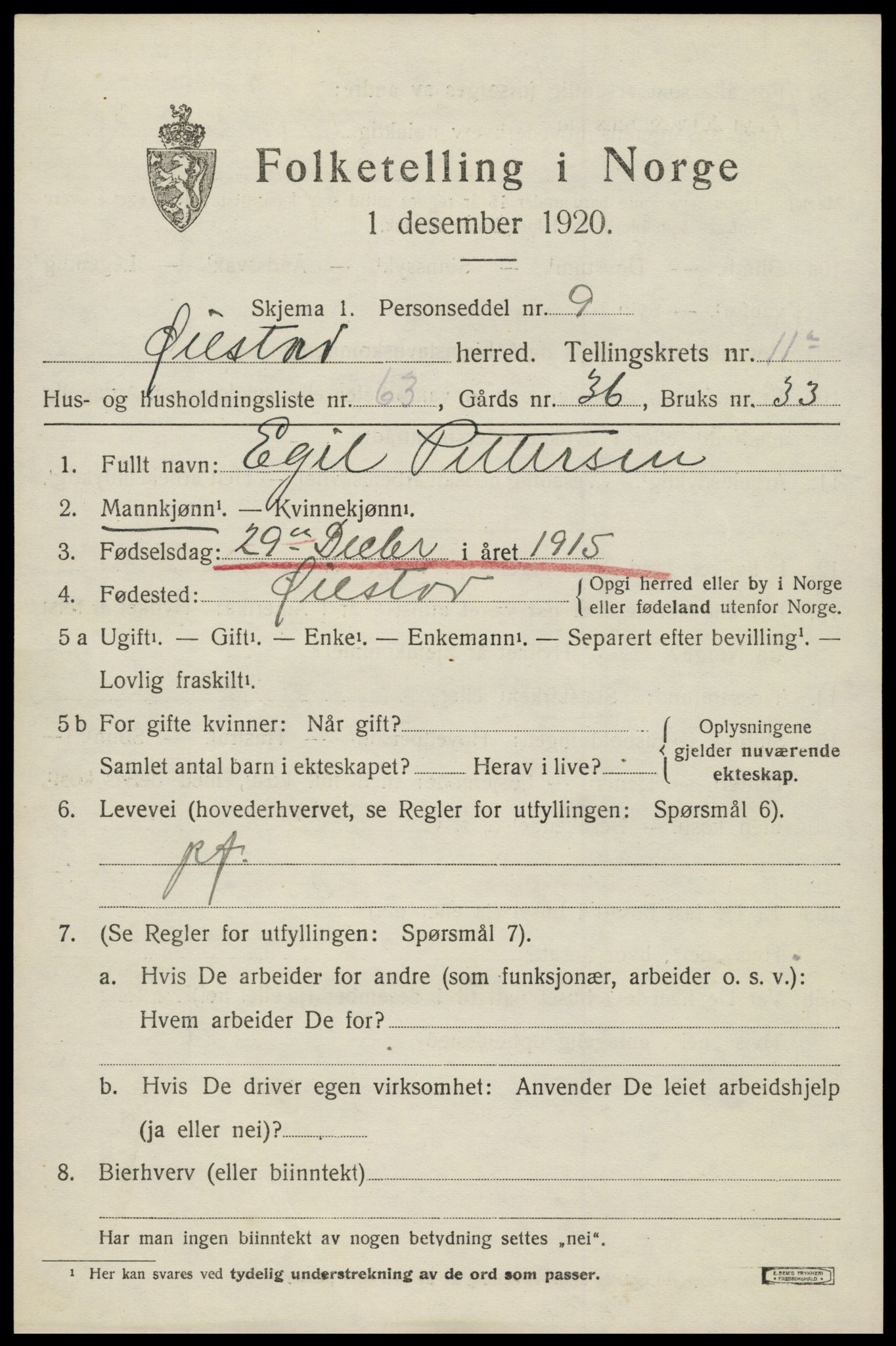 SAK, 1920 census for Øyestad, 1920, p. 7520