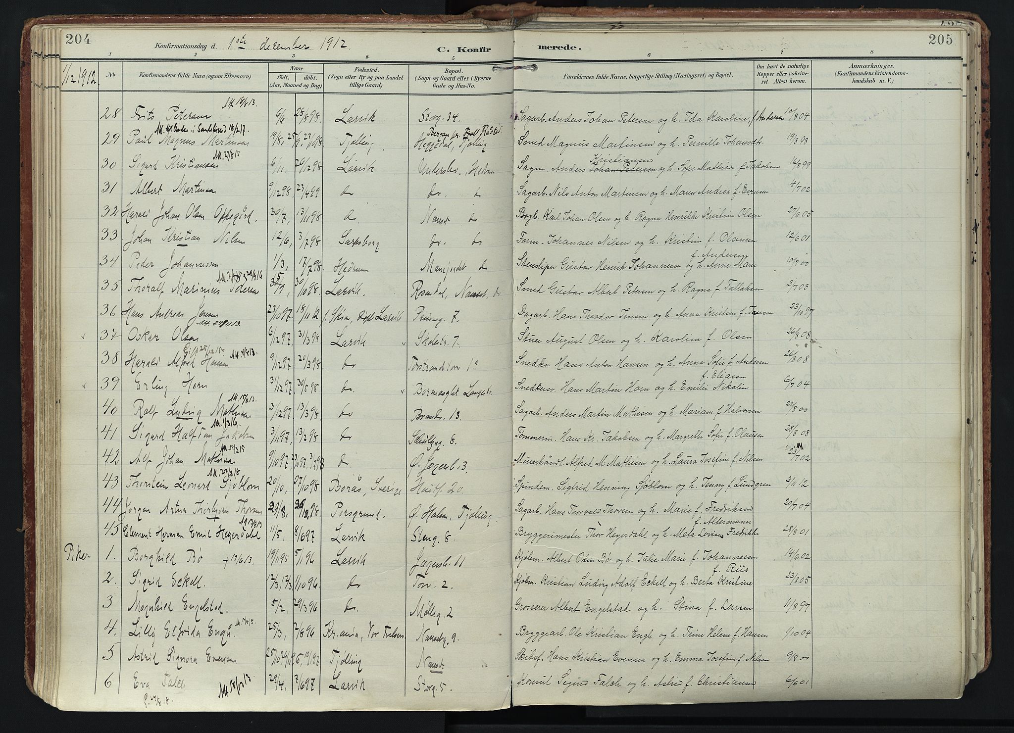 Larvik kirkebøker, AV/SAKO-A-352/F/Fa/L0011: Parish register (official) no. I 11, 1902-1922, p. 204-205