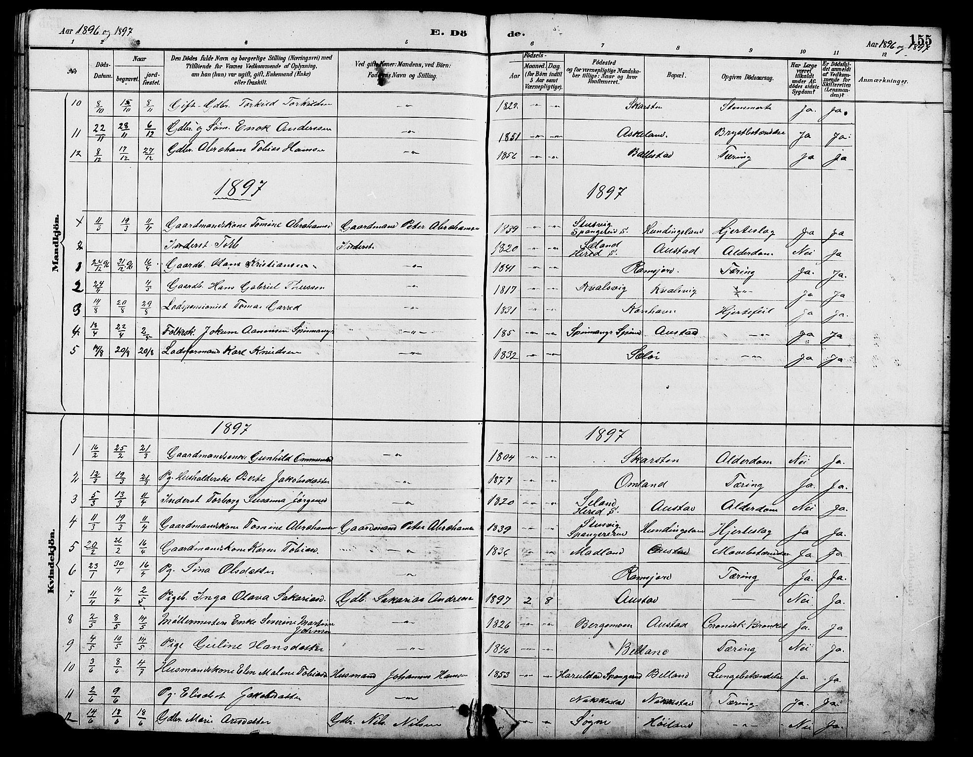 Lyngdal sokneprestkontor, AV/SAK-1111-0029/F/Fb/Fba/L0003: Parish register (copy) no. B 3, 1886-1903, p. 155