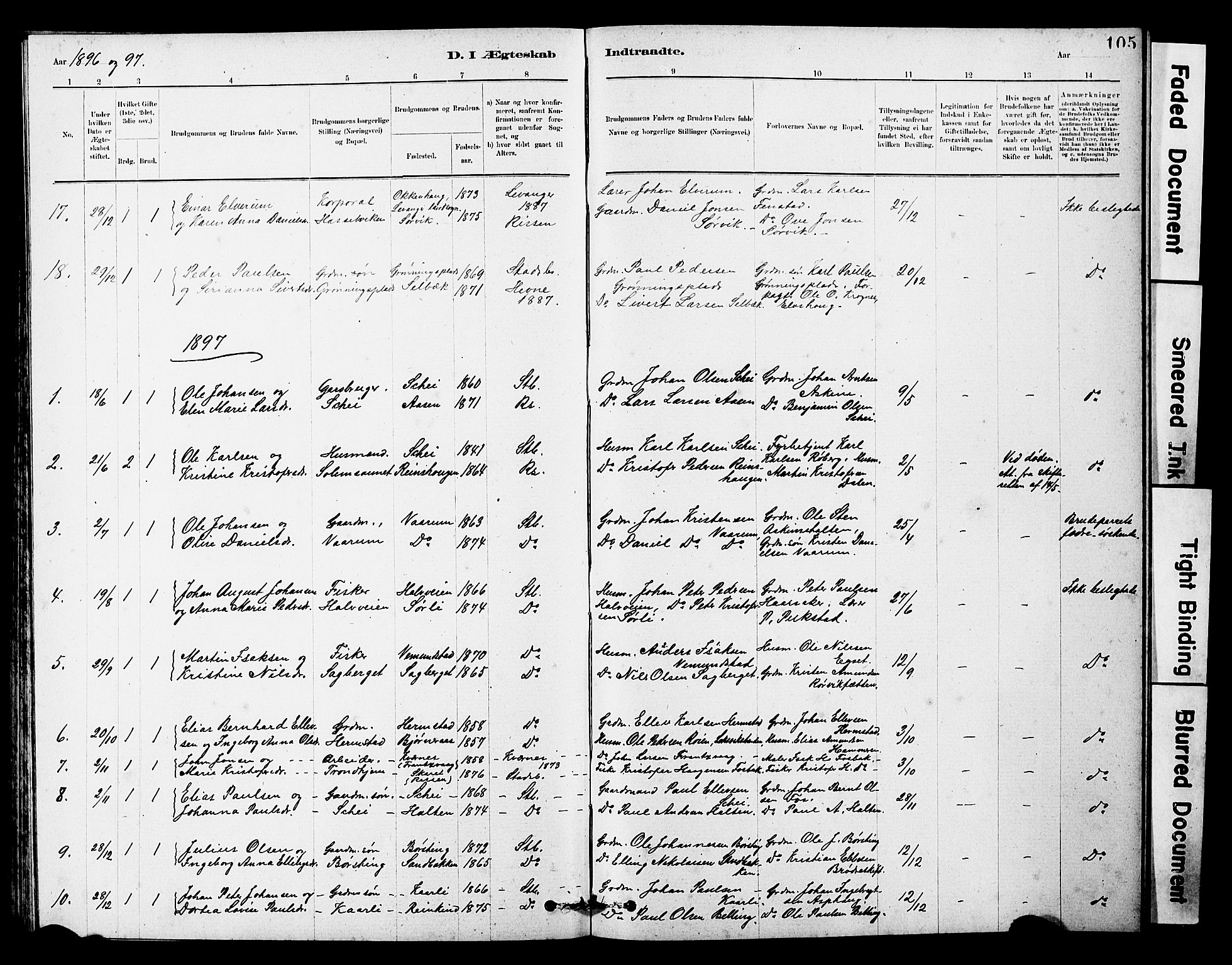 Ministerialprotokoller, klokkerbøker og fødselsregistre - Sør-Trøndelag, SAT/A-1456/646/L0628: Parish register (copy) no. 646C01, 1880-1903, p. 105