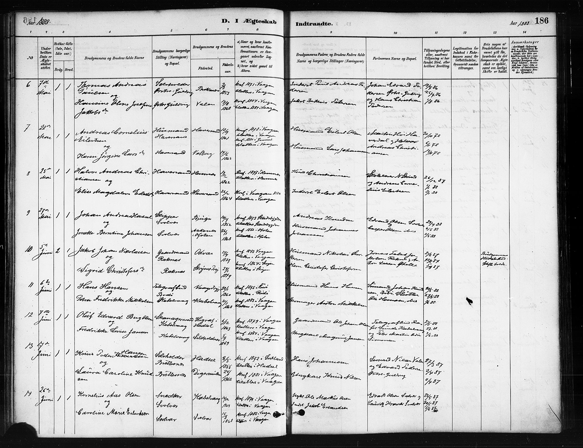 Ministerialprotokoller, klokkerbøker og fødselsregistre - Nordland, AV/SAT-A-1459/874/L1059: Parish register (official) no. 874A03, 1884-1890, p. 186