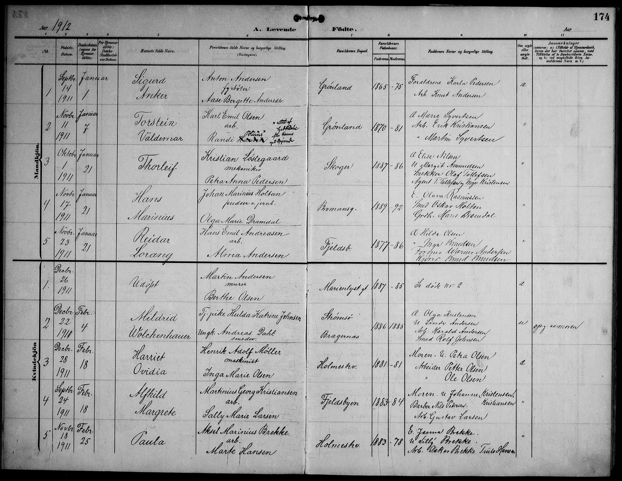 Strømsø kirkebøker, AV/SAKO-A-246/F/Fa/L0026: Parish register (official) no. I 26, 1905-1914, p. 174