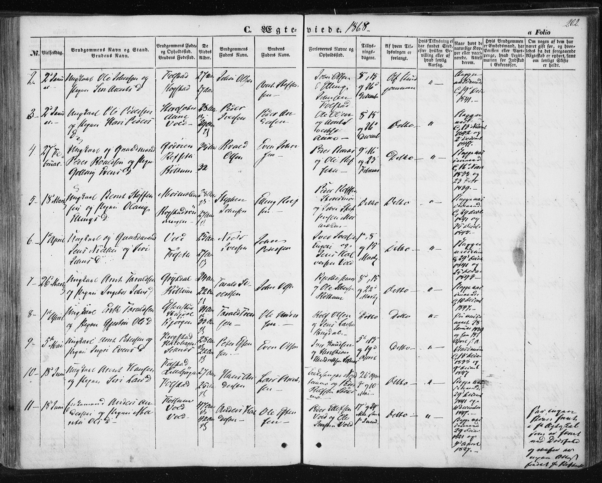 Ministerialprotokoller, klokkerbøker og fødselsregistre - Sør-Trøndelag, SAT/A-1456/687/L1000: Parish register (official) no. 687A06, 1848-1869, p. 202