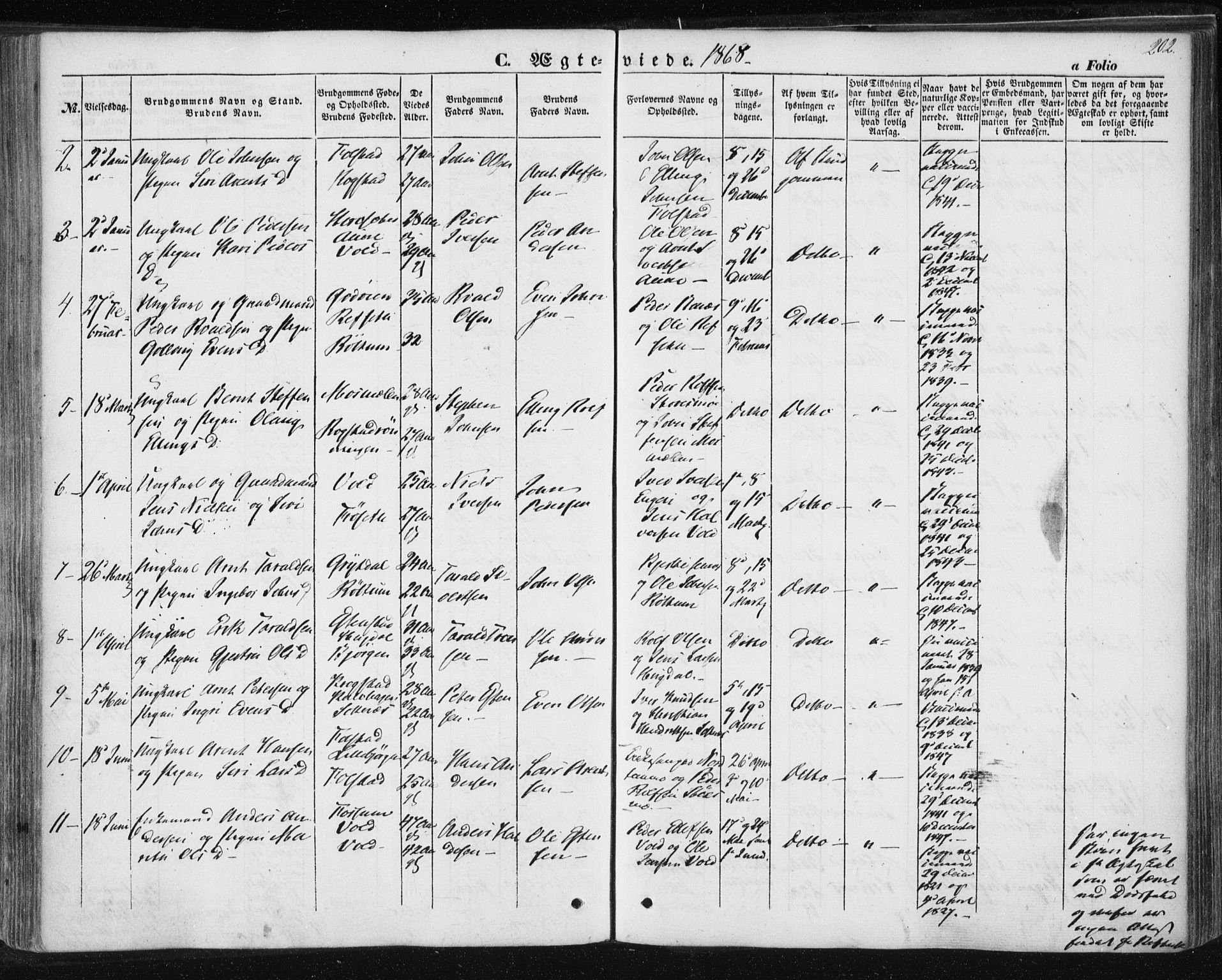 Ministerialprotokoller, klokkerbøker og fødselsregistre - Sør-Trøndelag, AV/SAT-A-1456/687/L1000: Parish register (official) no. 687A06, 1848-1869, p. 202