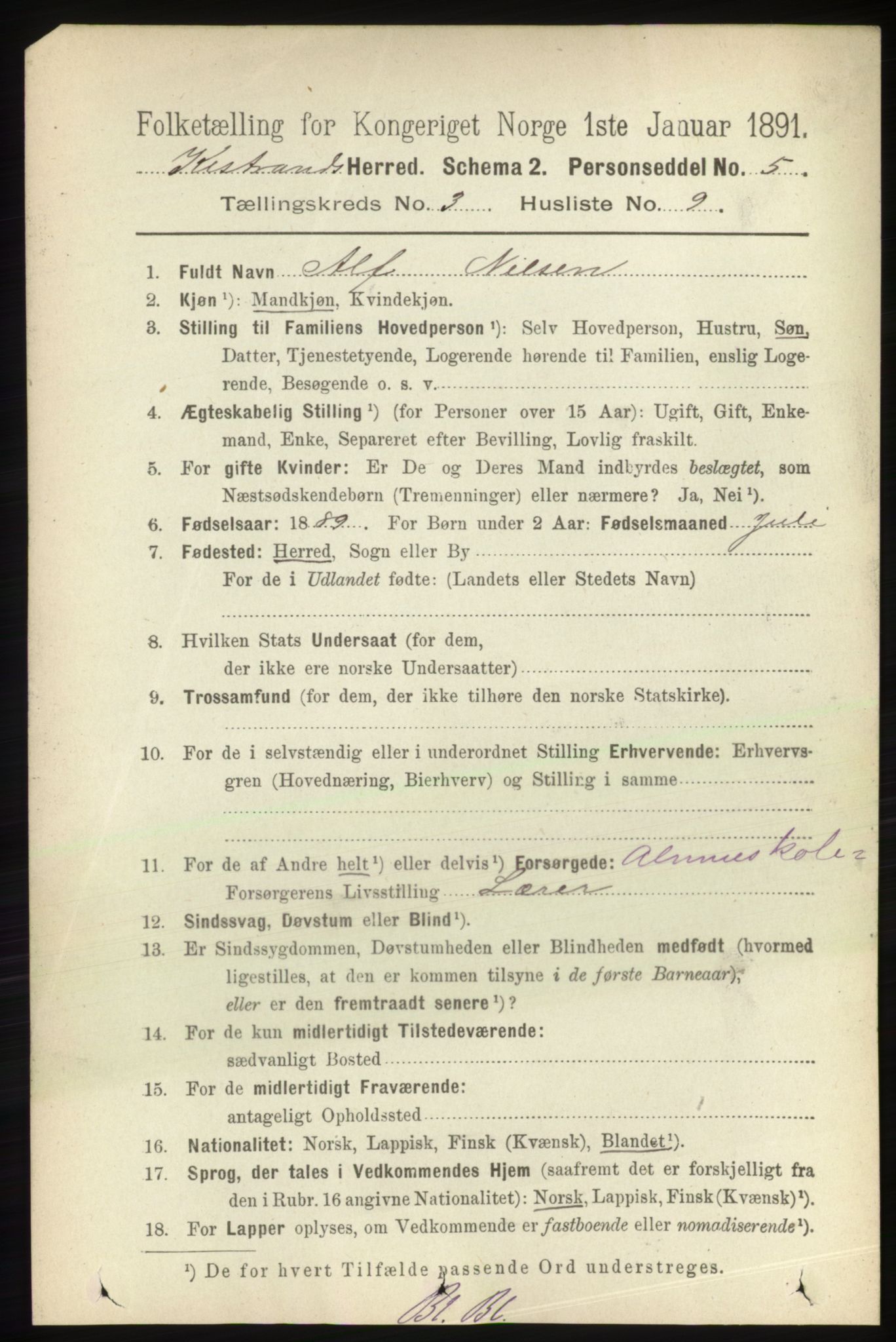 RA, 1891 census for 2020 Kistrand, 1891, p. 1325