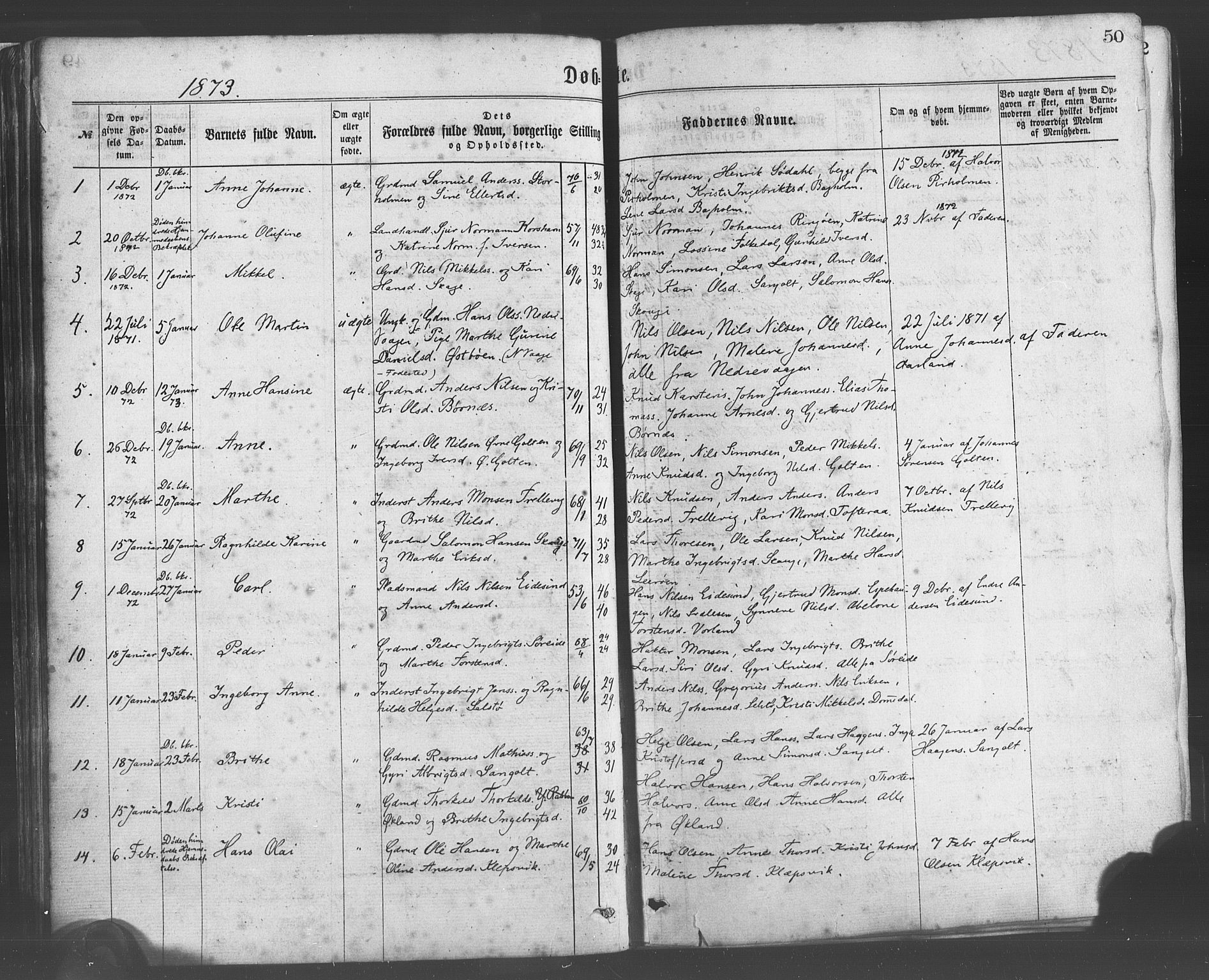 Sund sokneprestembete, SAB/A-99930: Parish register (official) no. A 15, 1867-1881, p. 50