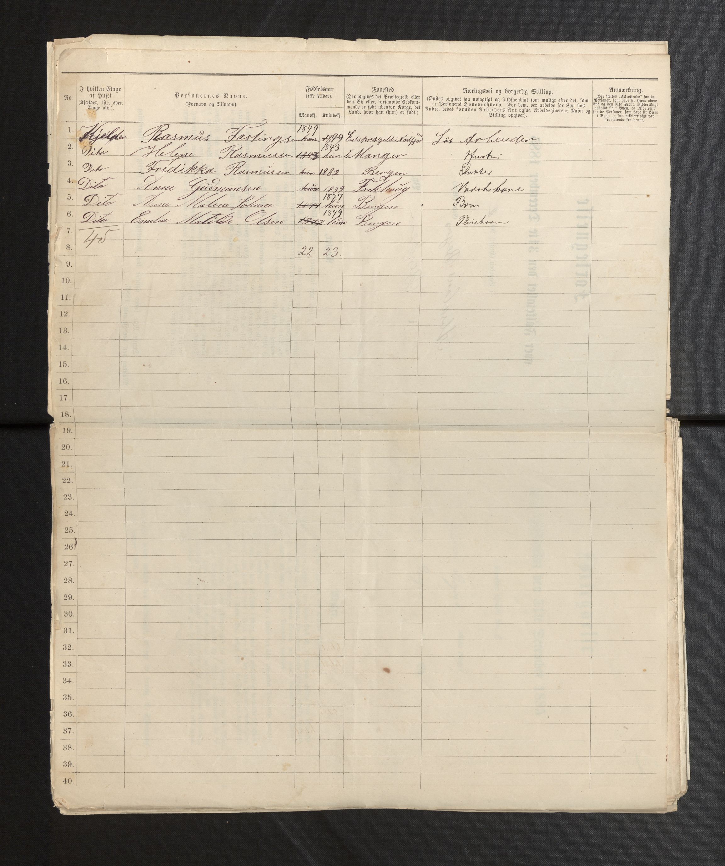 SAB, 1885 census for 1301 Bergen, 1885, p. 5