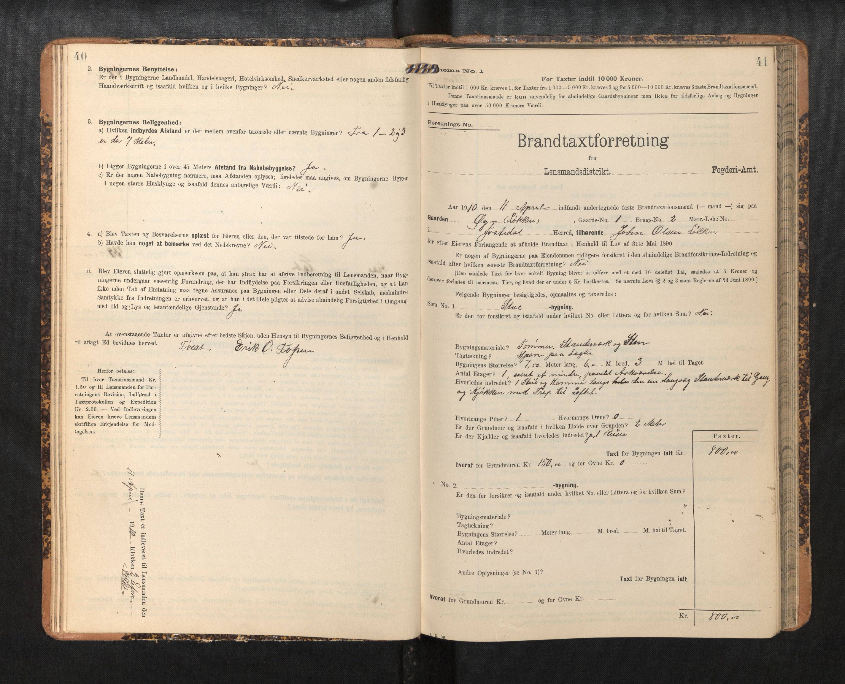 Lensmannen i Jostedal, SAB/A-28601/0012/L0004: Branntakstprotokoll, skjematakst, 1906-1919, p. 40-41