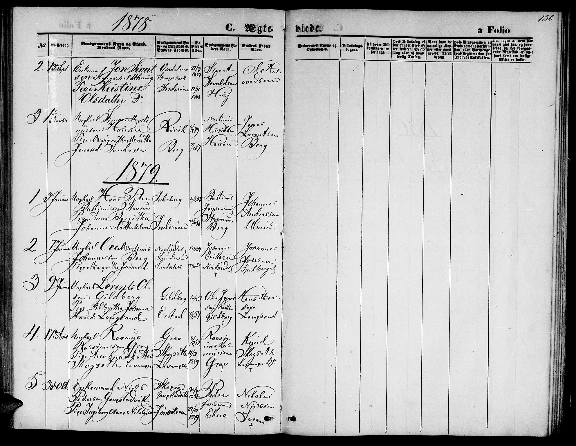 Ministerialprotokoller, klokkerbøker og fødselsregistre - Nord-Trøndelag, AV/SAT-A-1458/722/L0225: Parish register (copy) no. 722C01, 1871-1888, p. 136